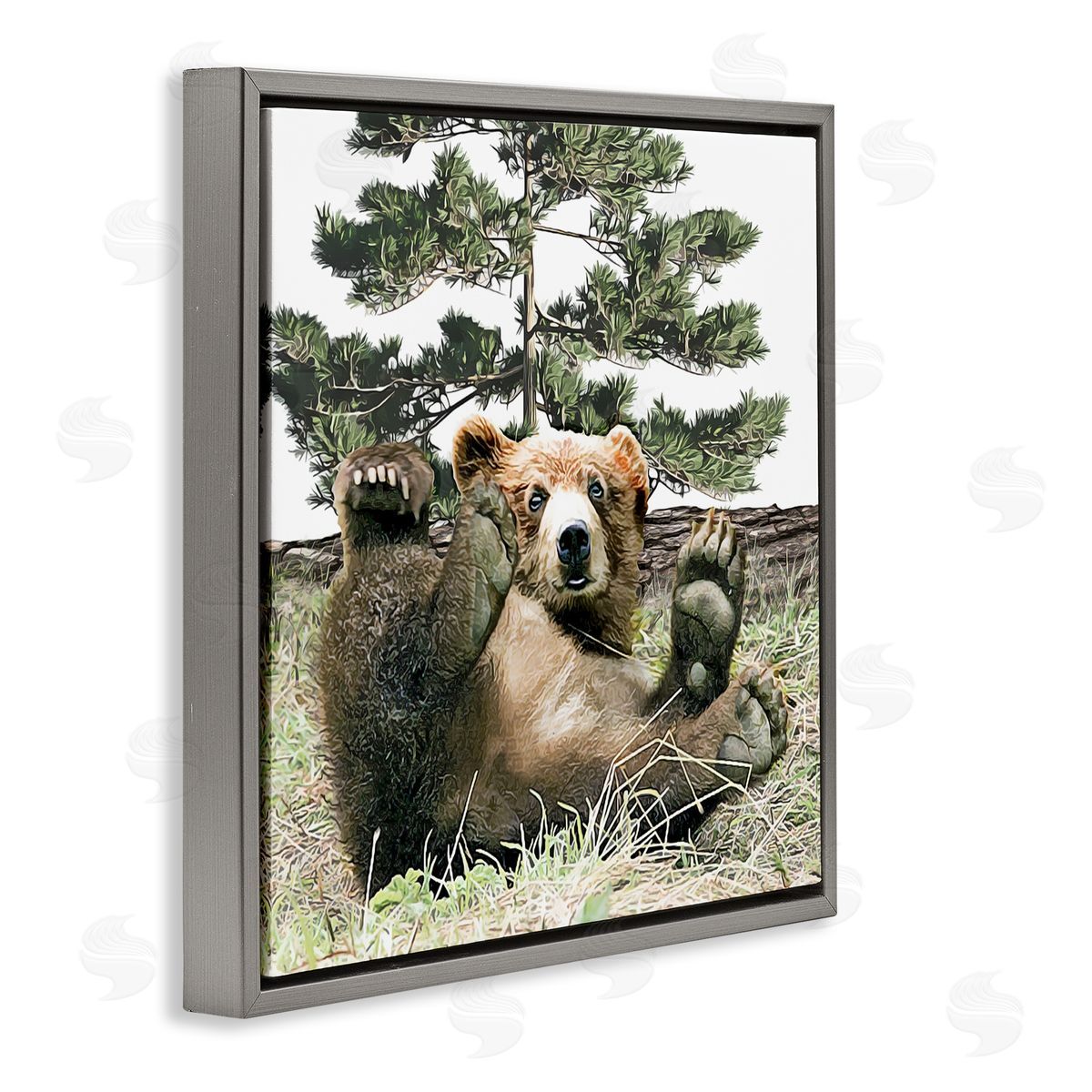Kim Curinga Playing Bear Cub Forest Trees Gray Floating Frame Canvas Wall Art Print