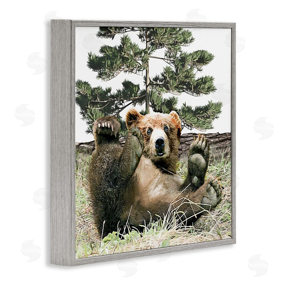 Kim Curinga Playing Bear Cub Forest Trees Gray Framed Glicee Wall Art Print