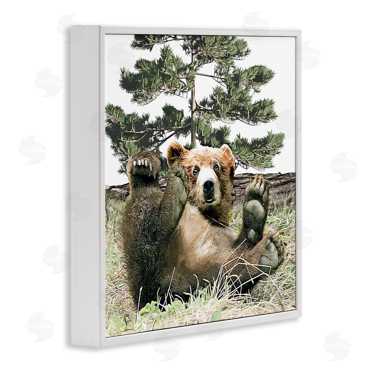 Kim Curinga Playing Bear Cub Forest Trees White Framed Glicee Wall Art Print