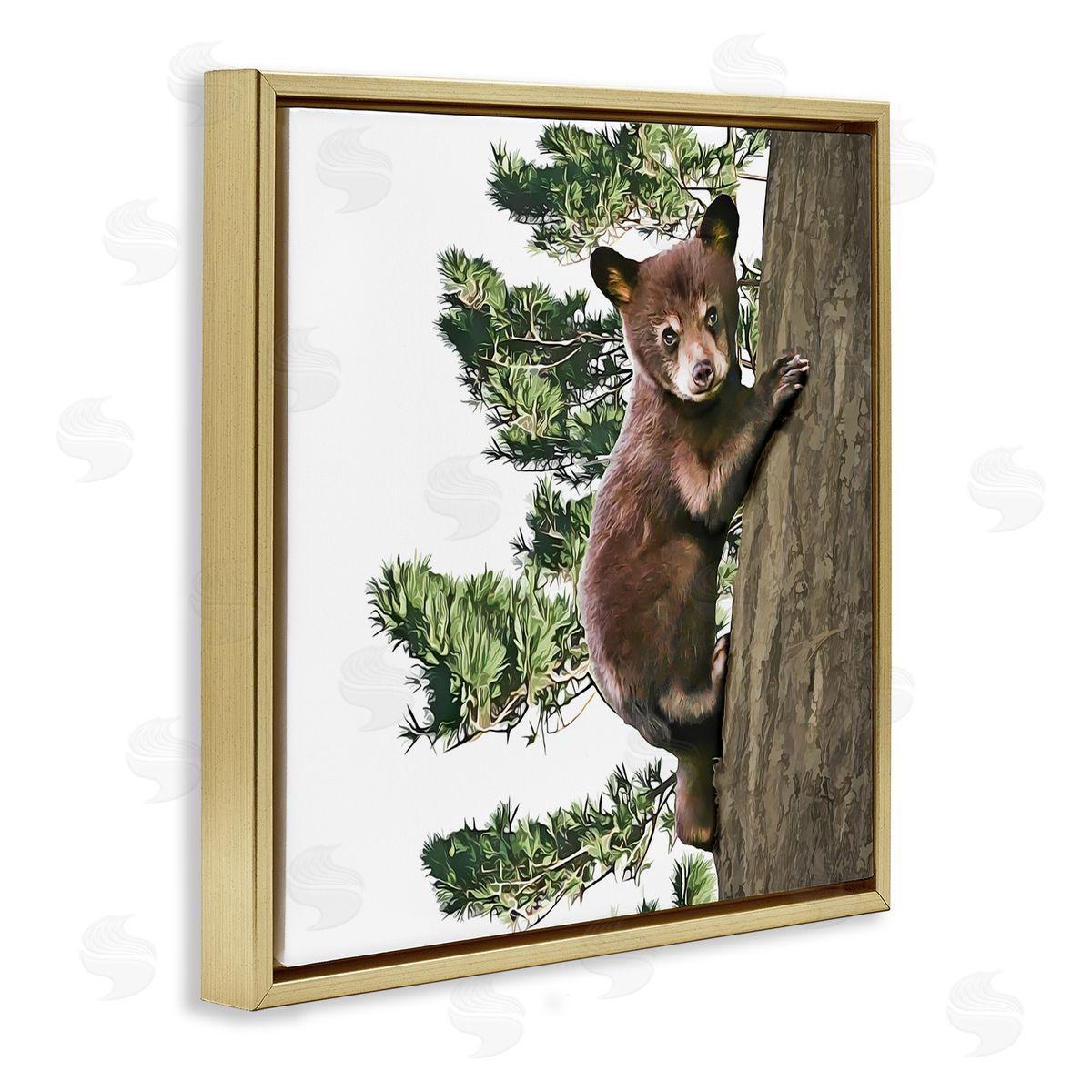 Kim Curinga Bear Cub Climbing Tree Nature Gold Floating Frame Canvas Wall Art Print