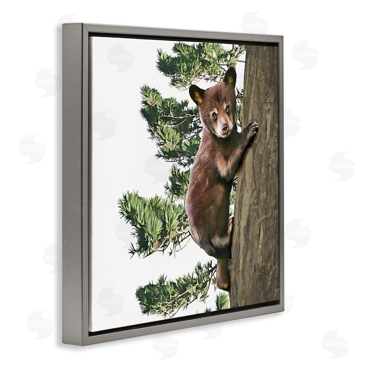 Kim Curinga Bear Cub Climbing Tree Nature Gray Floating Frame Canvas Wall Art Print
