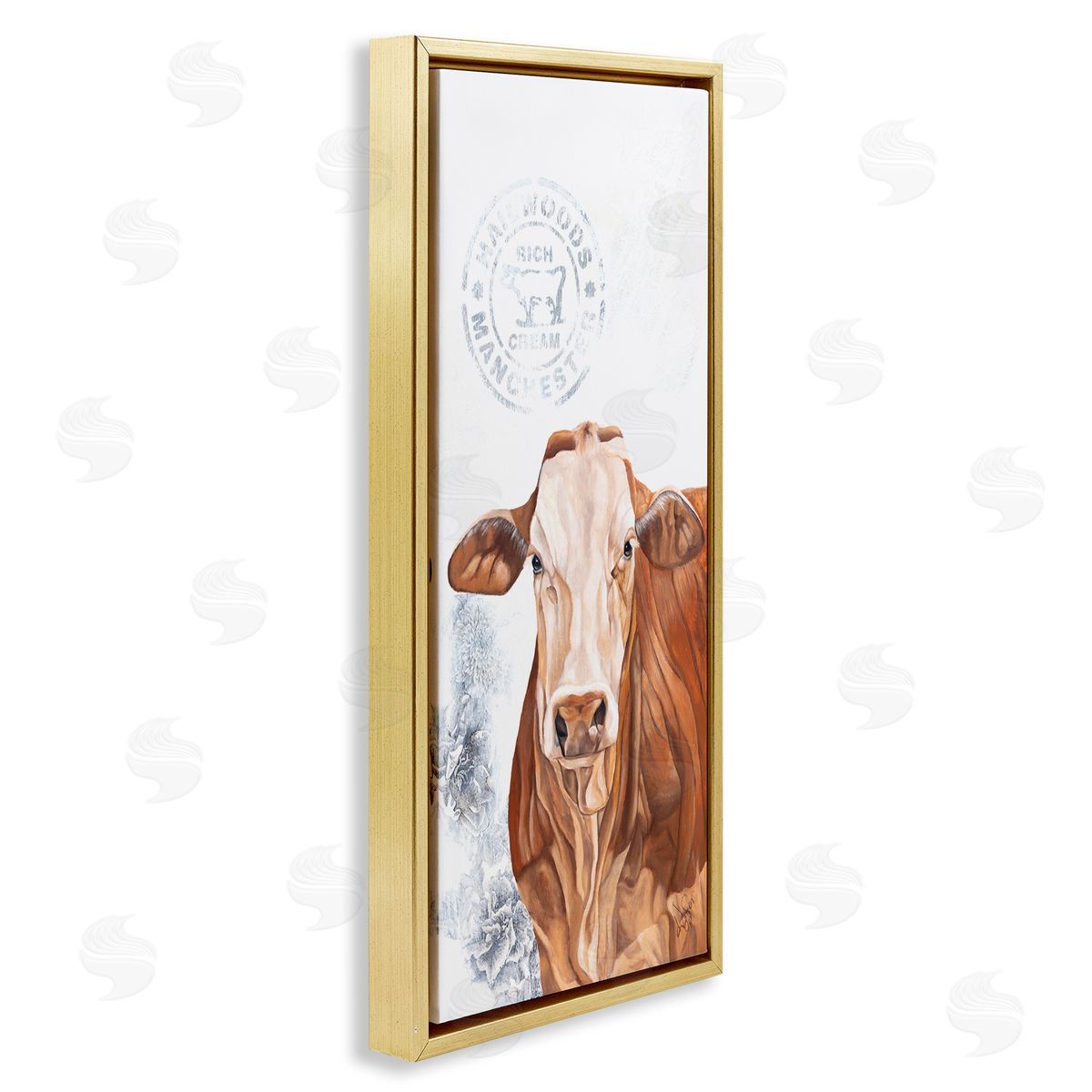 Diane Fifer Vintage Fresh Cream Farm Cow Gold Floating Frame Canvas Wall Art Print