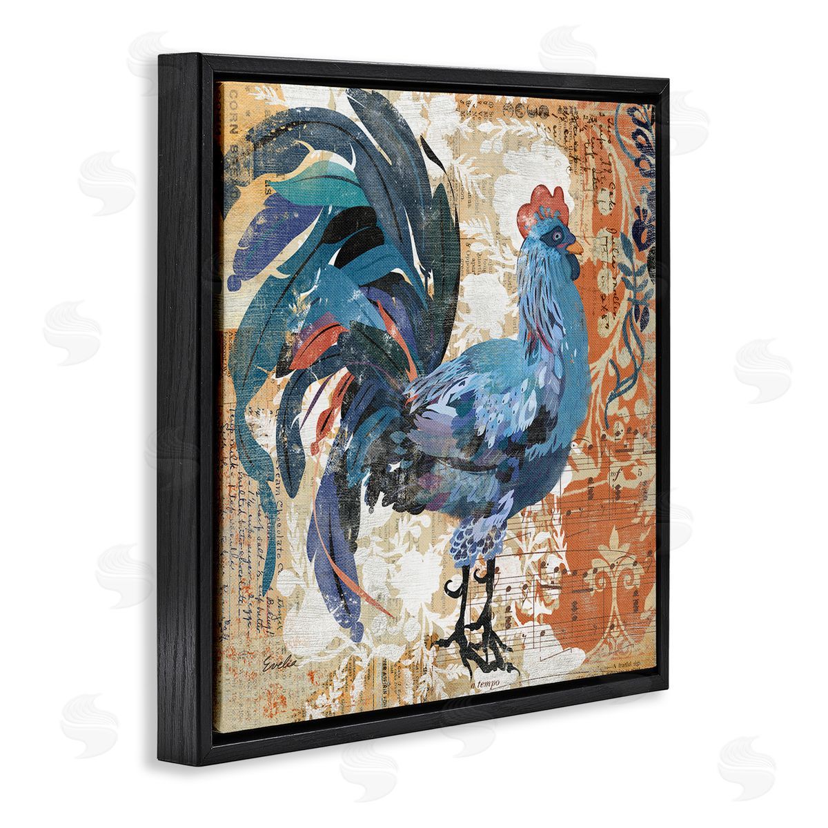 Evelia Designs Vintage Rooster Floral Collage Black Floating Frame Canvas Wall Art Print
