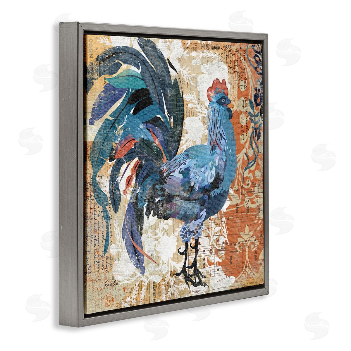 Evelia Designs Vintage Rooster Floral Collage Gray Floating Frame Canvas Wall Art Print