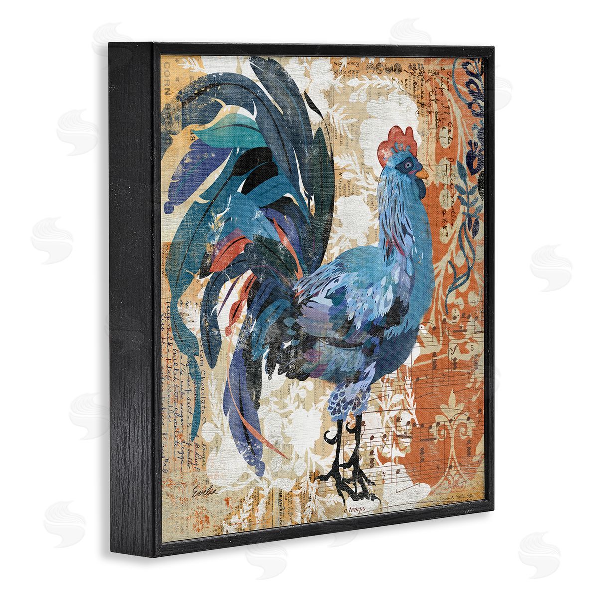 Evelia Designs Vintage Rooster Floral Collage Black Framed Glicee Wall Art Print