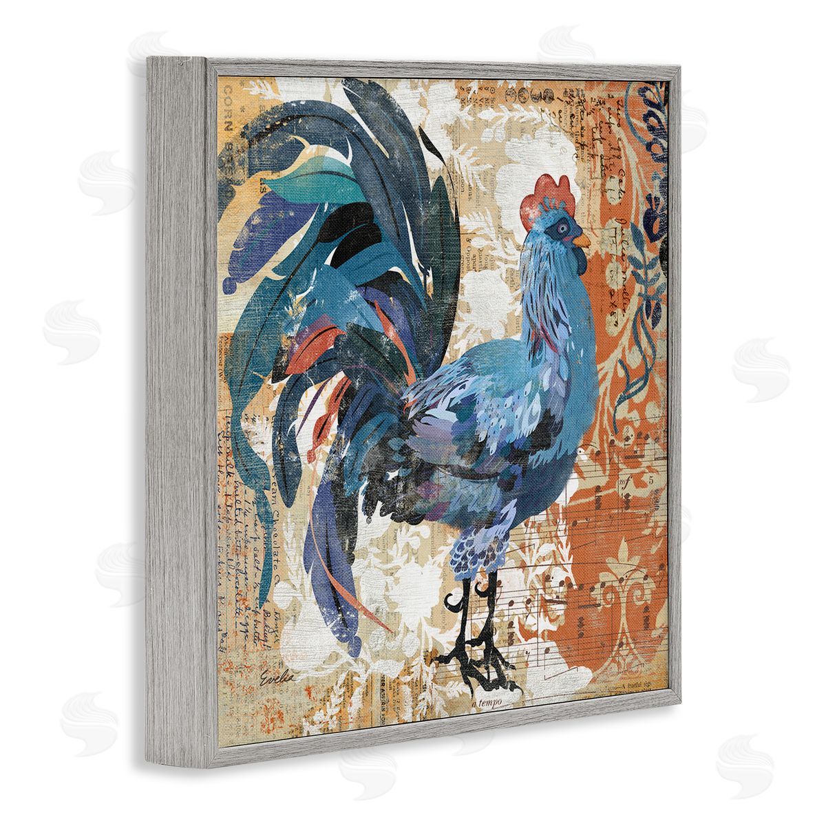 Evelia Designs Vintage Rooster Floral Collage Gray Framed Glicee Wall Art Print