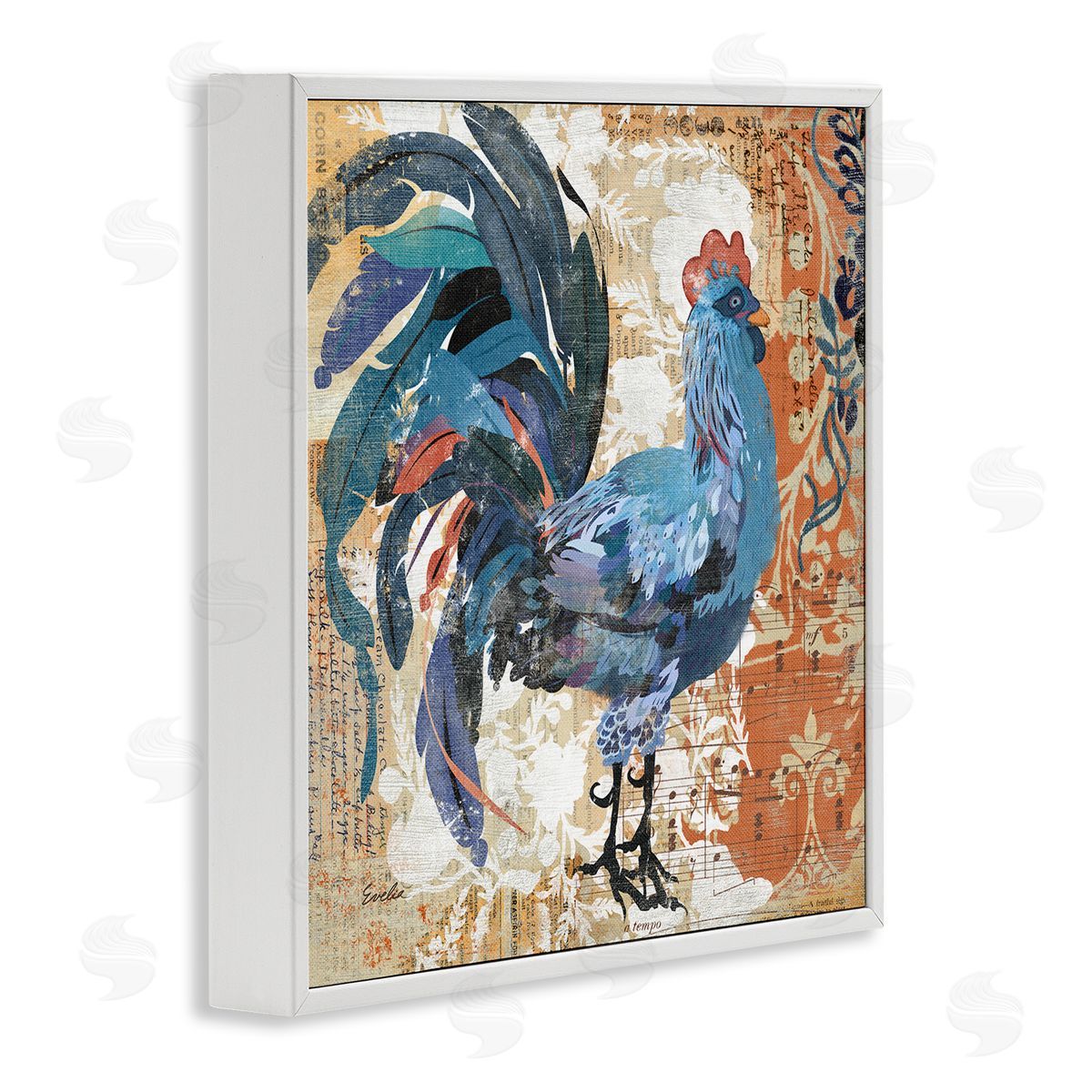 Evelia Designs Vintage Rooster Floral Collage White Framed Glicee Wall Art Print