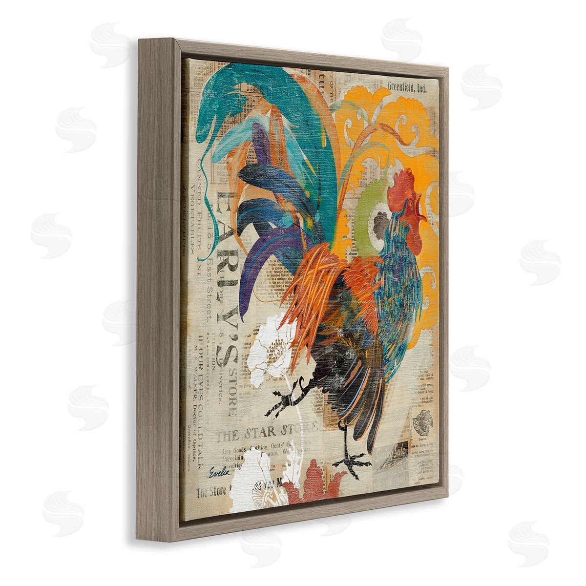 Evelia Designs Country Rooster Vintage Collage Brown Floating Frame Canvas Wall Art Print