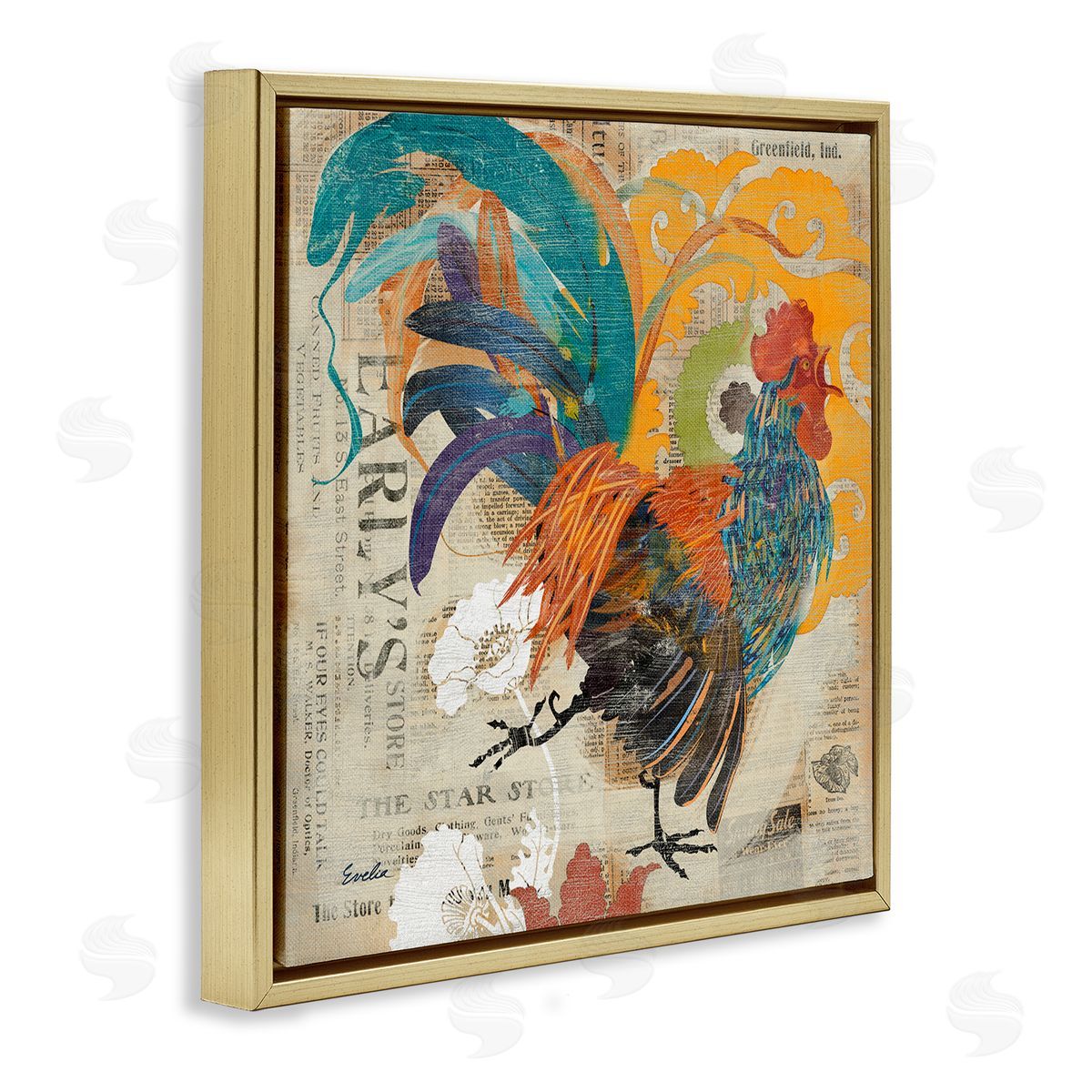 Evelia Designs Country Rooster Vintage Collage Gold Floating Frame Canvas Wall Art Print