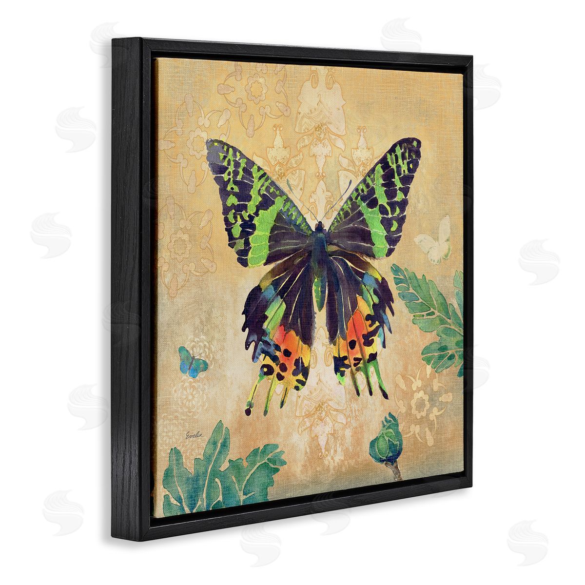 Evelia Designs Floral Butterfly Vintage Pattern Black Floating Frame Canvas Wall Art Print