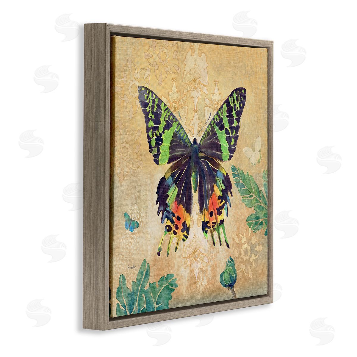 Evelia Designs Floral Butterfly Vintage Pattern Brown Floating Frame Canvas Wall Art Print