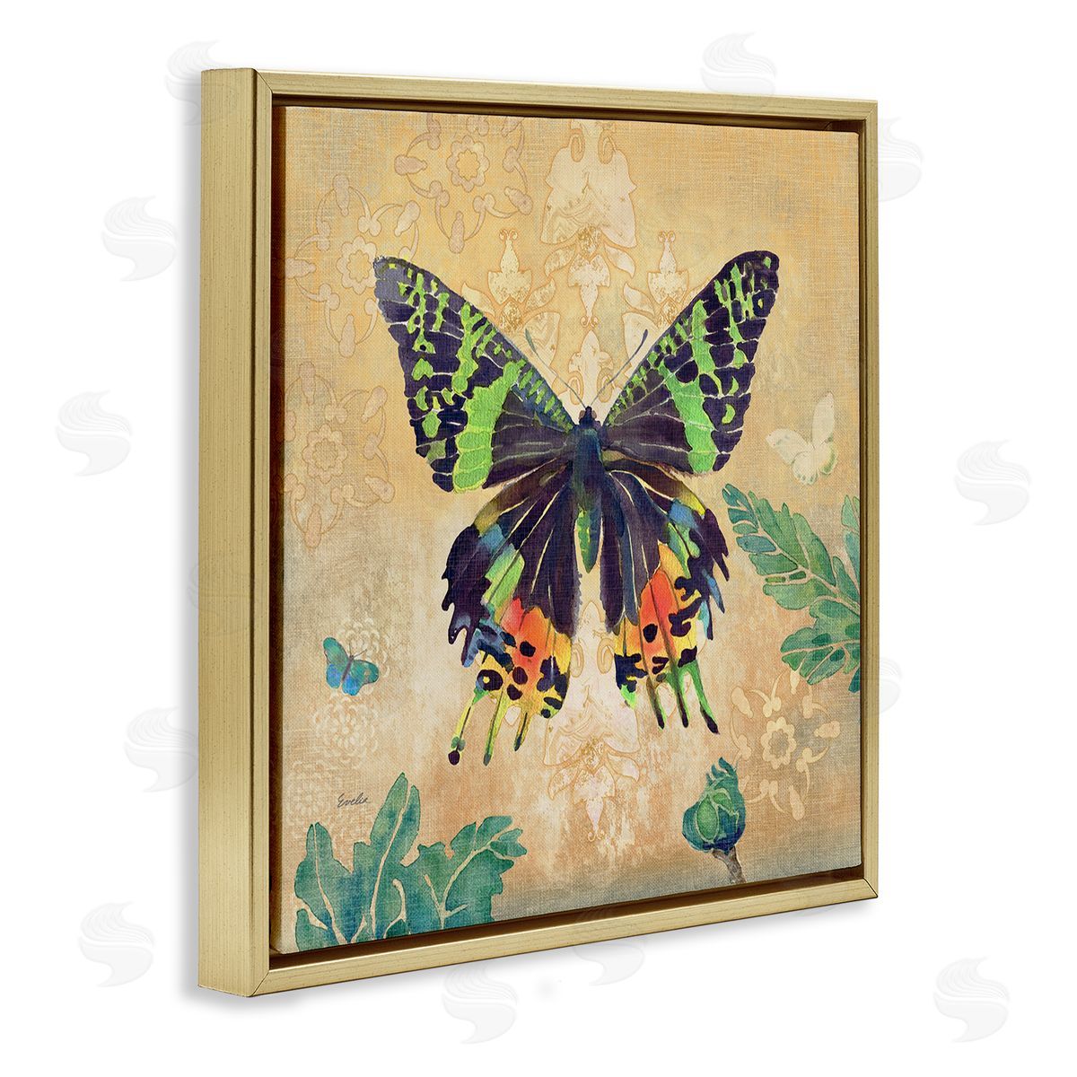 Evelia Designs Floral Butterfly Vintage Pattern Gold Floating Frame Canvas Wall Art Print