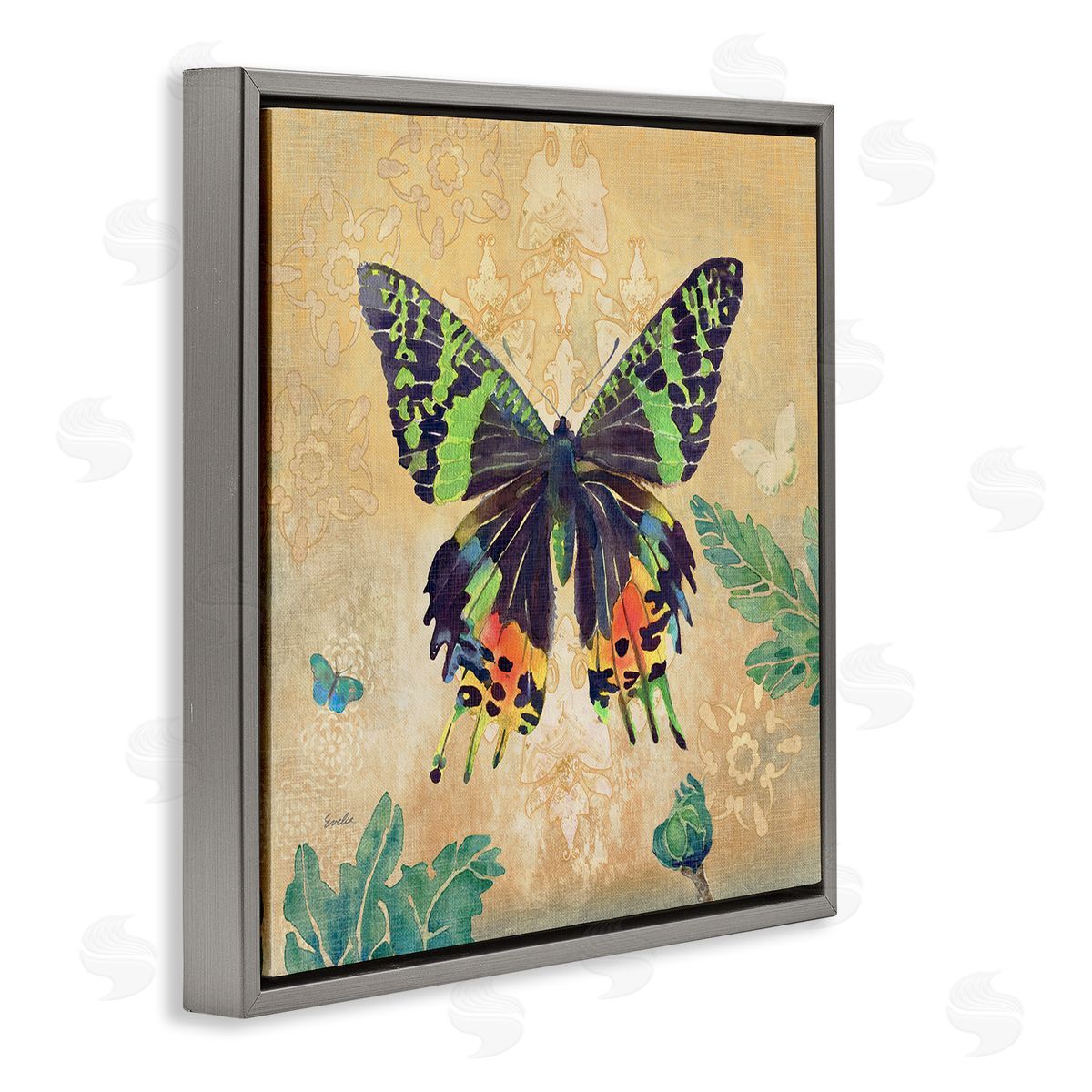 Evelia Designs Floral Butterfly Vintage Pattern Gray Floating Frame Canvas Wall Art Print