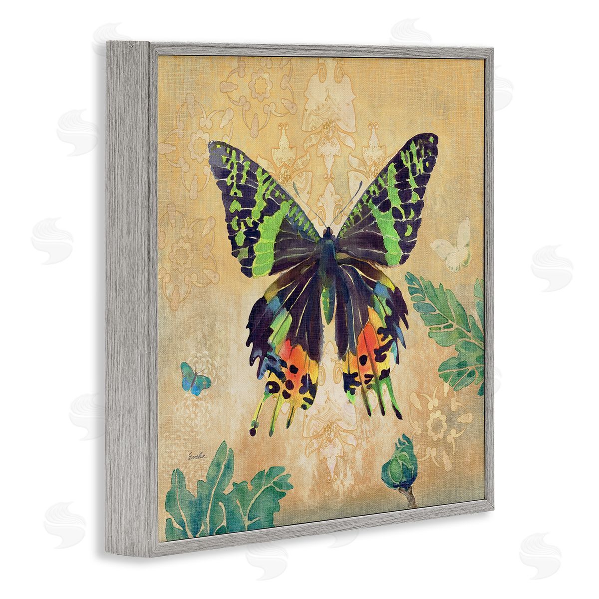 Evelia Designs Floral Butterfly Vintage Pattern Gray Framed Glicee Wall Art Print