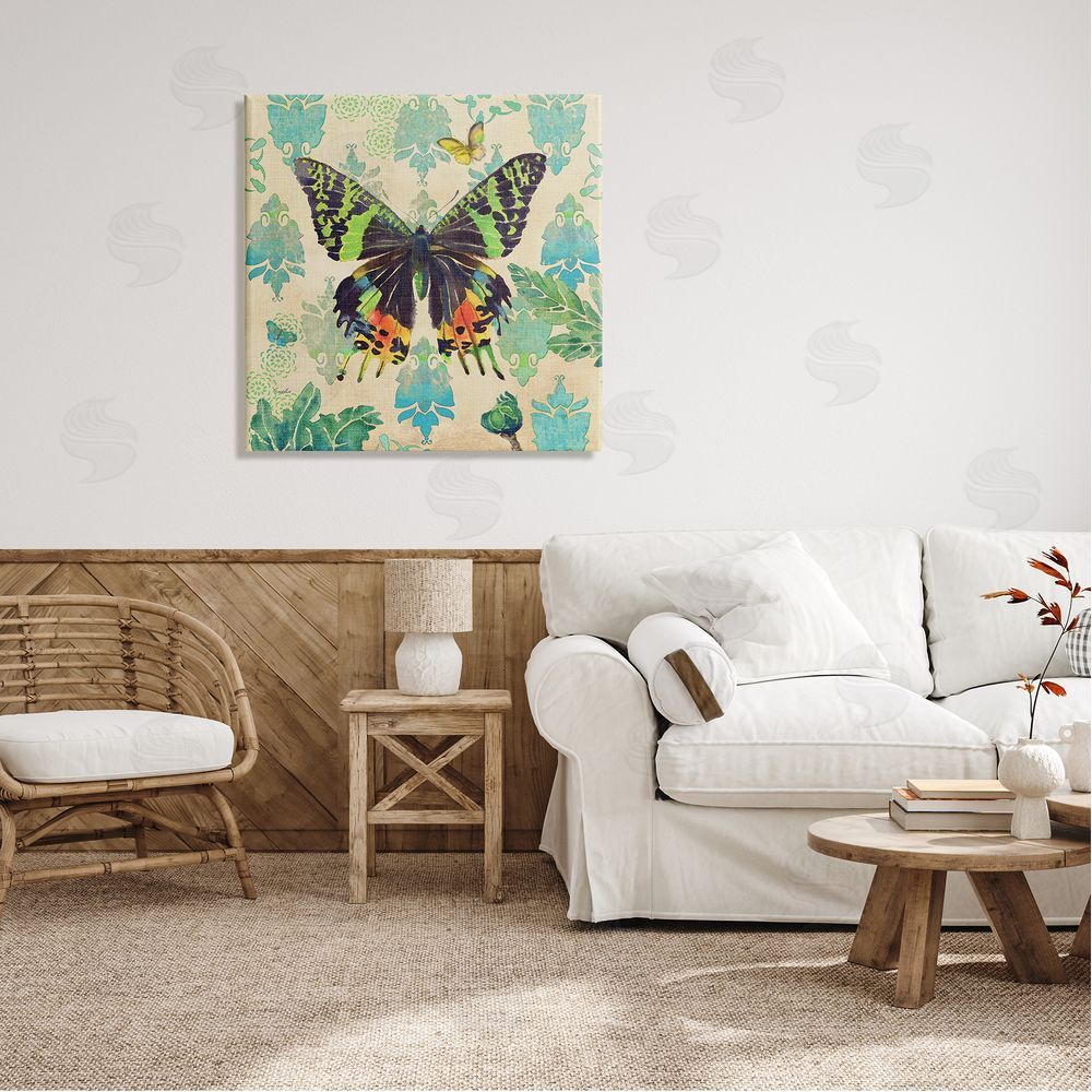 Evelia Designs Turquoise Butterfly Damask Pattern Canvas Wall Art in Room