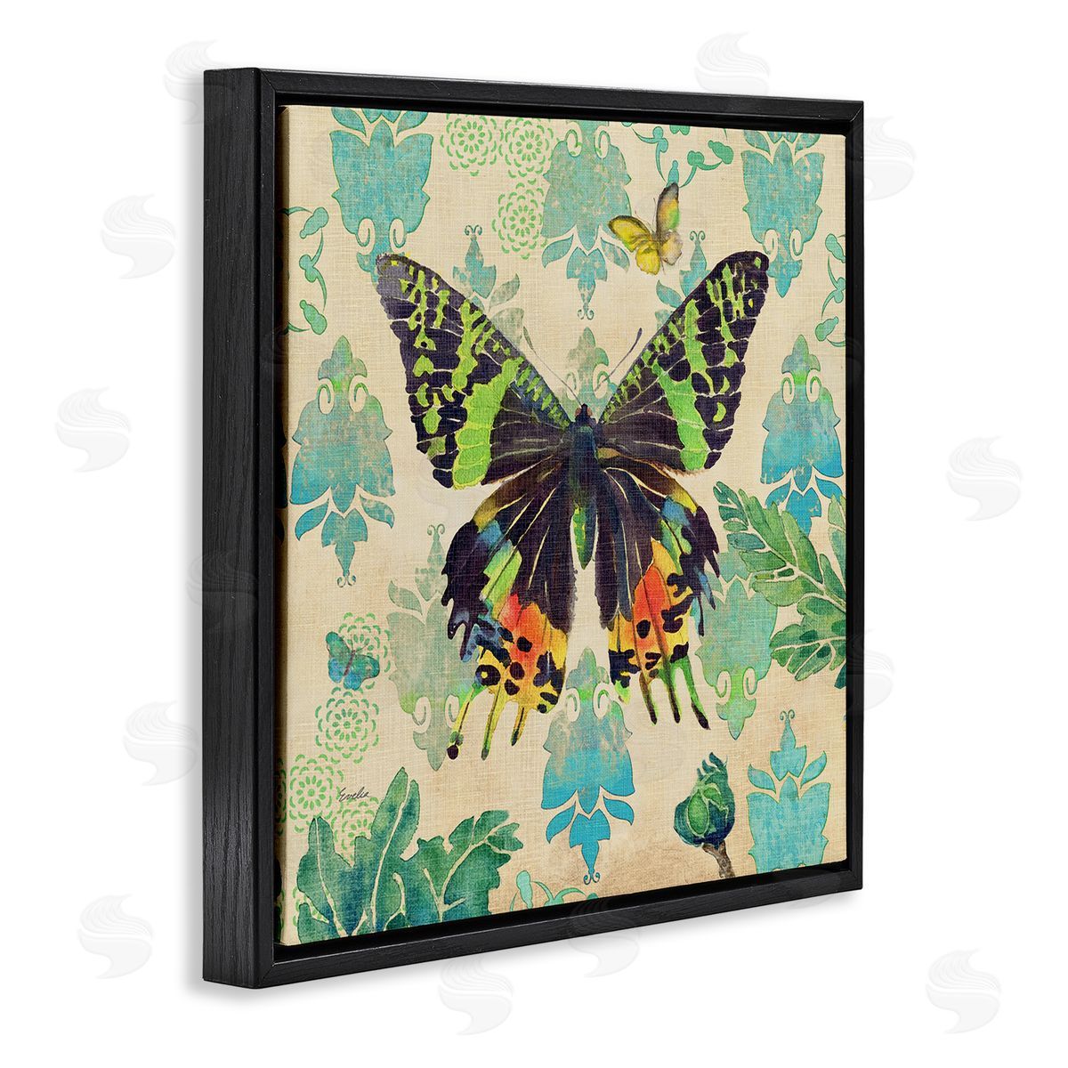 Evelia Designs Turquoise Butterfly Damask Pattern Black Floating Frame Canvas Wall Art Print