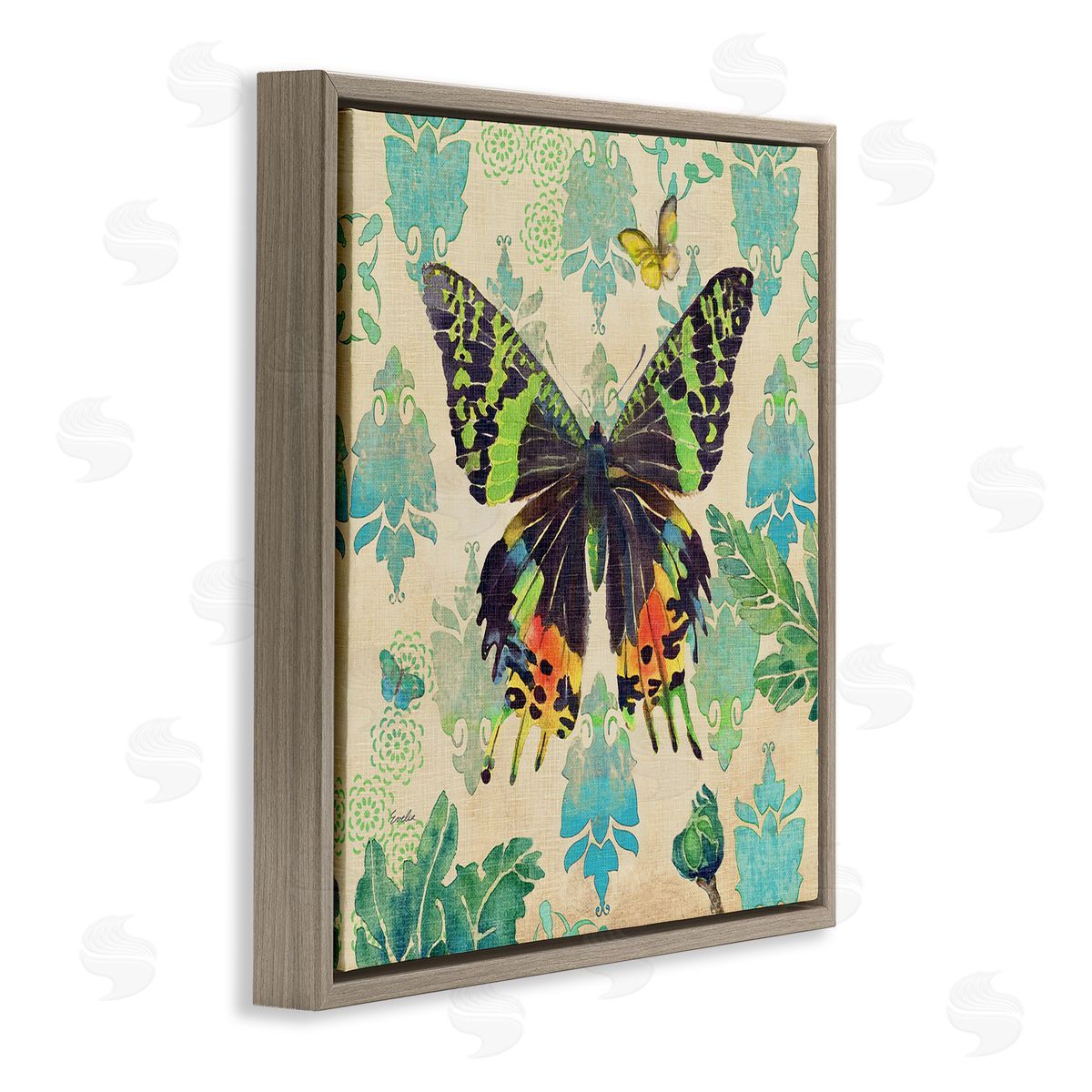 Evelia Designs Turquoise Butterfly Damask Pattern Brown Floating Frame Canvas Wall Art Print
