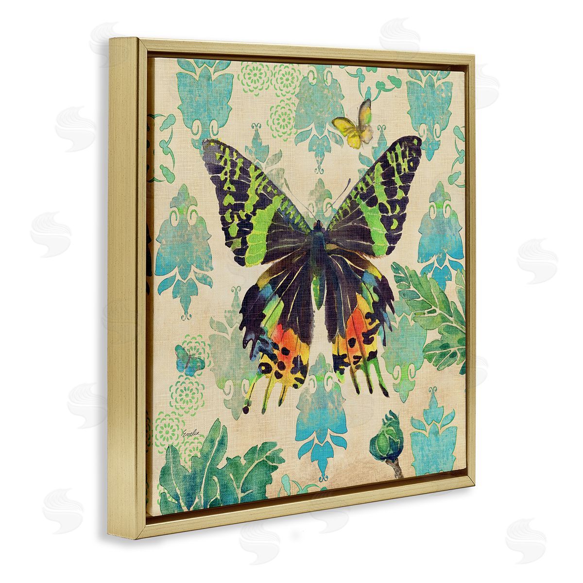 Evelia Designs Turquoise Butterfly Damask Pattern Gold Floating Frame Canvas Wall Art Print