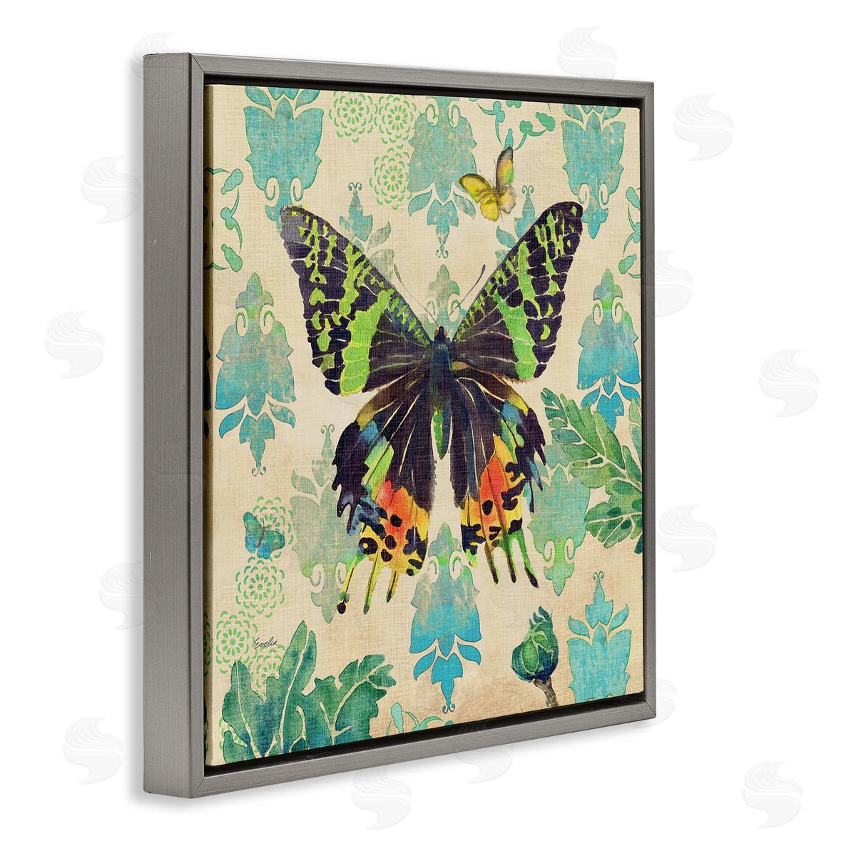 Evelia Designs Turquoise Butterfly Damask Pattern Gray Floating Frame Canvas Wall Art Print