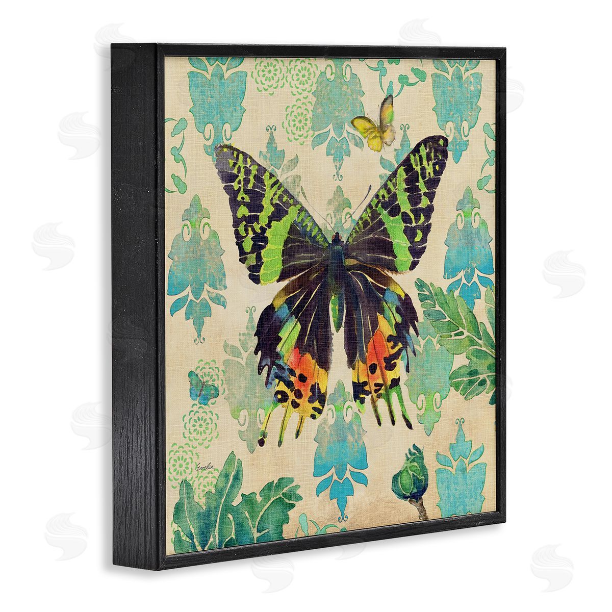 Evelia Designs Turquoise Butterfly Damask Pattern Black Framed Glicee Wall Art Print