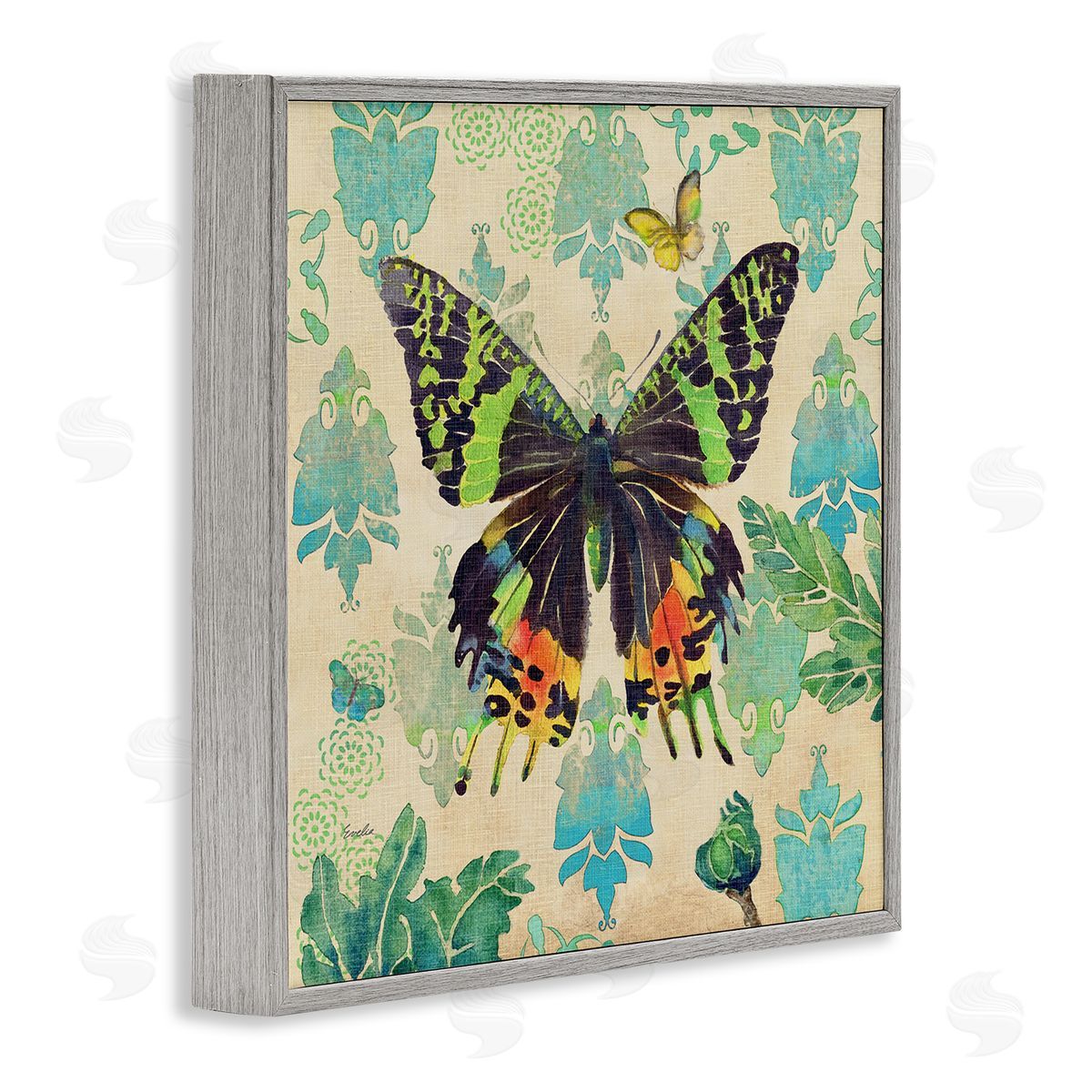 Evelia Designs Turquoise Butterfly Damask Pattern Gray Framed Glicee Wall Art Print