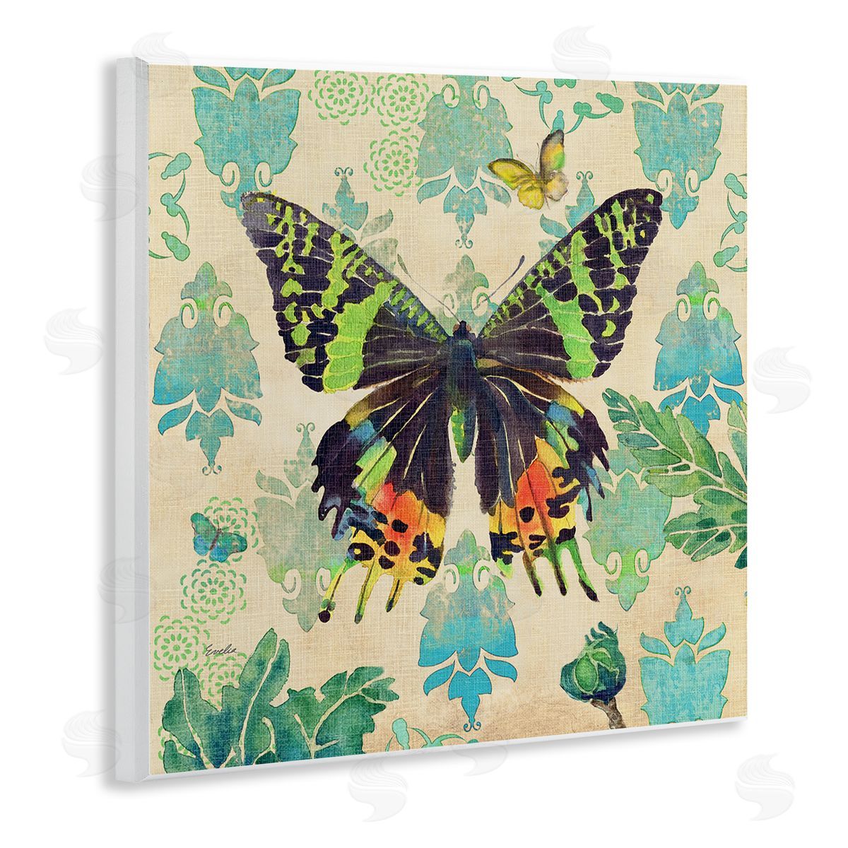 Evelia Designs Turquoise Butterfly Damask Pattern Wooden Wall Plaque Art Print