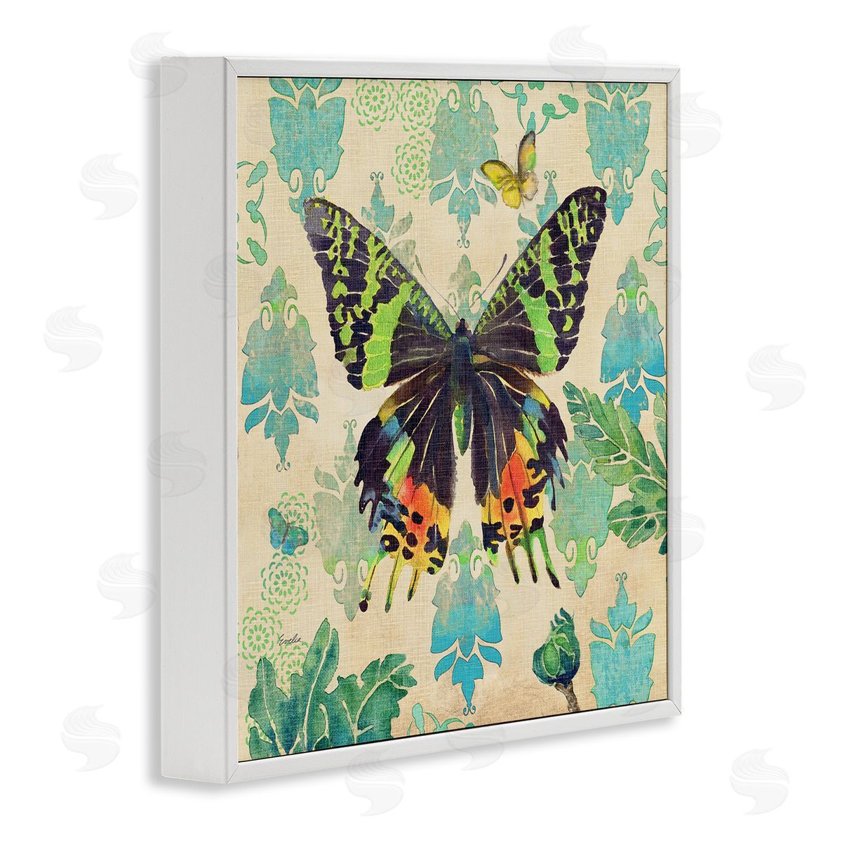 Evelia Designs Turquoise Butterfly Damask Pattern White Framed Glicee Wall Art Print