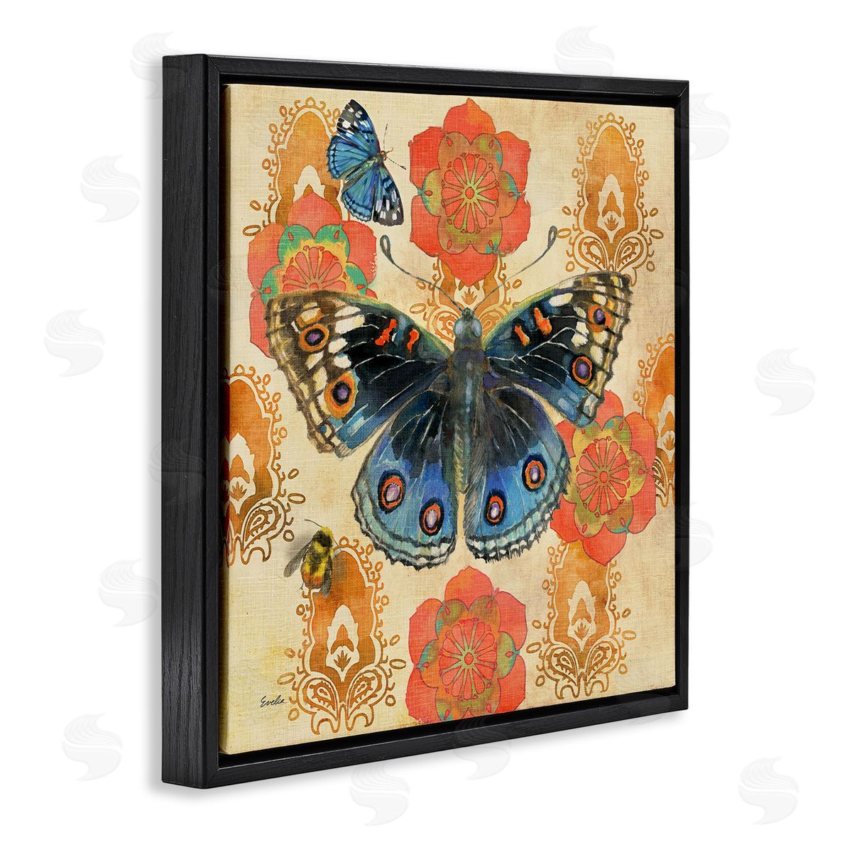 Evelia Designs Butterfly Damask Floral Shapes Black Floating Frame Canvas Wall Art Print