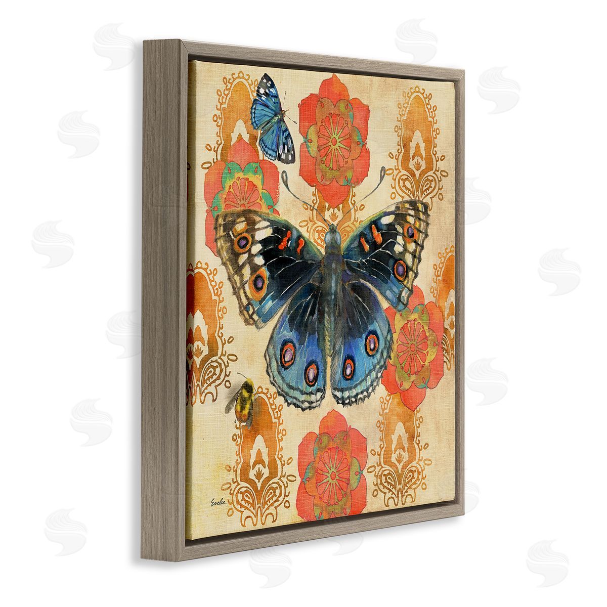 Evelia Designs Butterfly Damask Floral Shapes Brown Floating Frame Canvas Wall Art Print