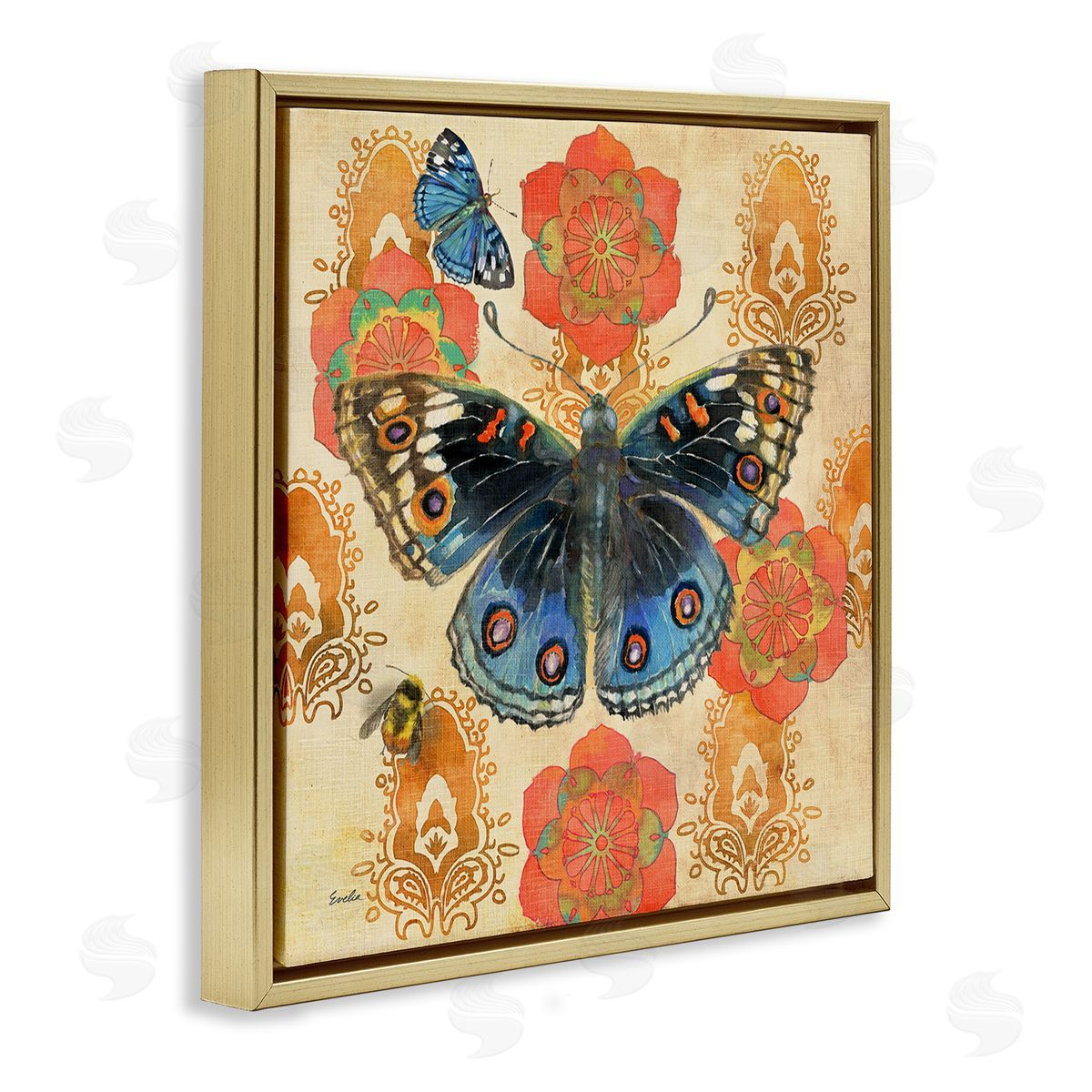 Evelia Designs Butterfly Damask Floral Shapes Gold Floating Frame Canvas Wall Art Print