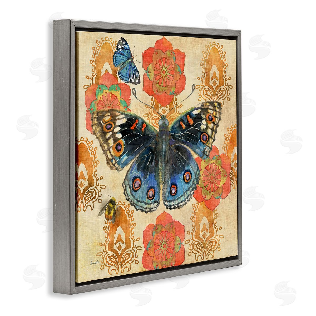 Evelia Designs Butterfly Damask Floral Shapes Gray Floating Frame Canvas Wall Art Print