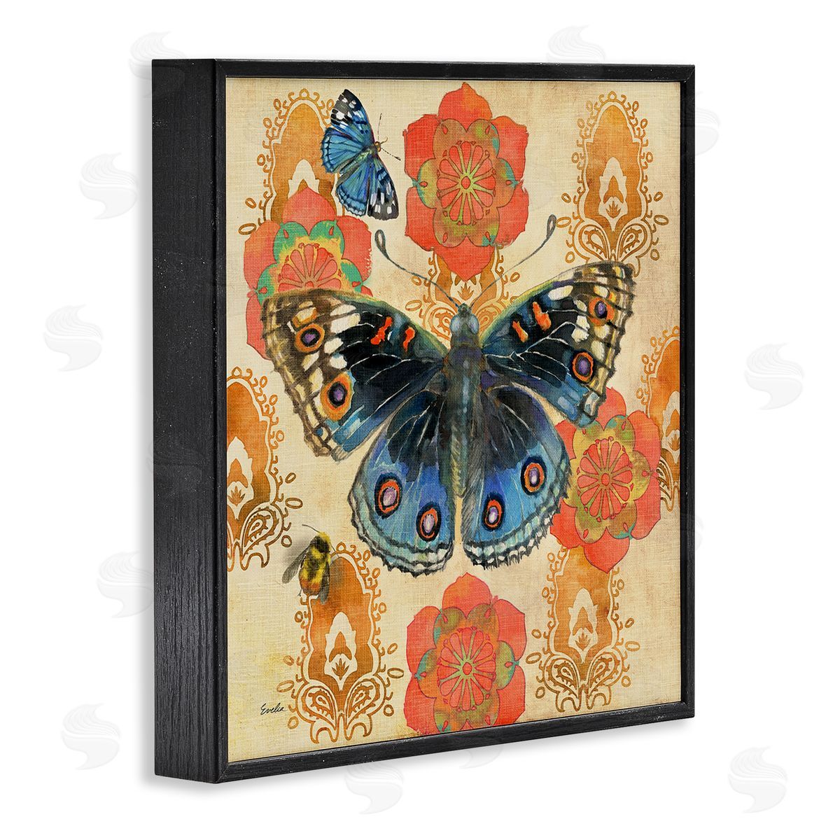 Evelia Designs Butterfly Damask Floral Shapes Black Framed Glicee Wall Art Print