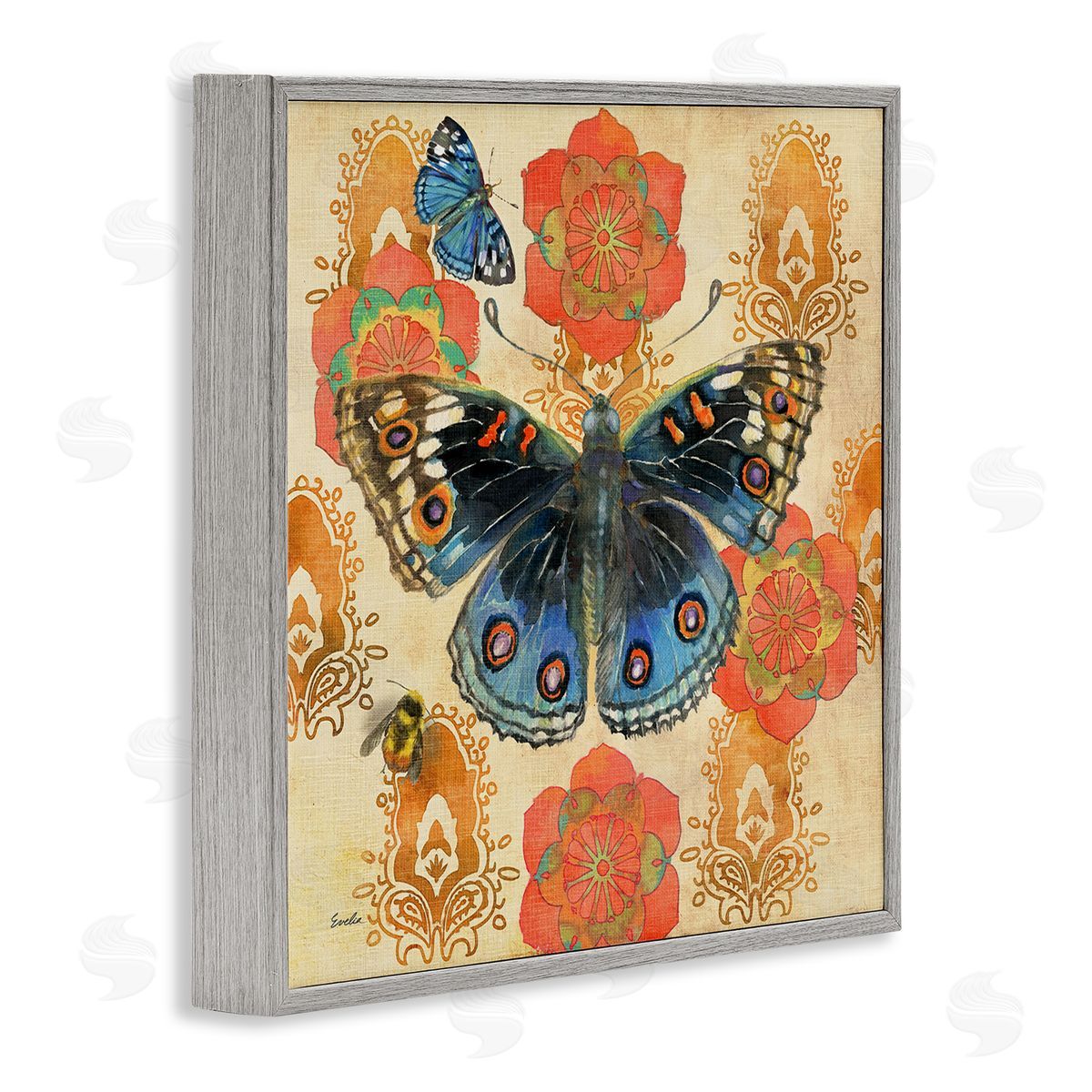 Evelia Designs Butterfly Damask Floral Shapes Gray Framed Glicee Wall Art Print