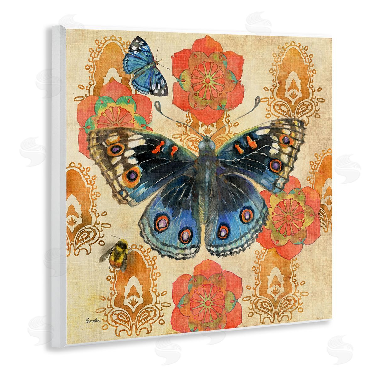 Evelia Designs Butterfly Damask Floral Shapes Wooden Wall Plaque Art Print