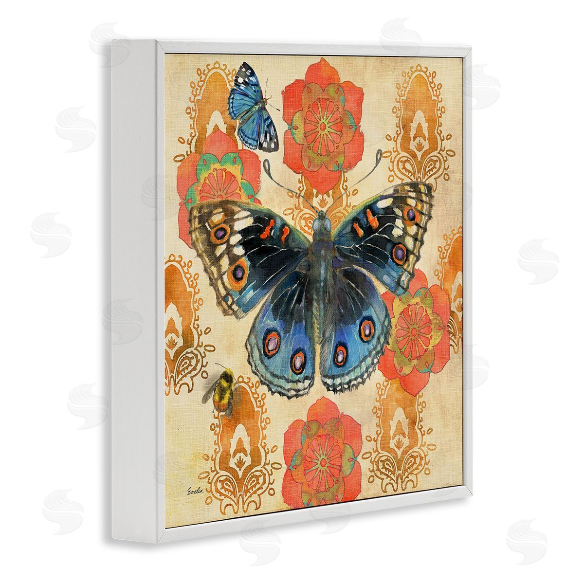 Evelia Designs Butterfly Damask Floral Shapes White Framed Glicee Wall Art Print