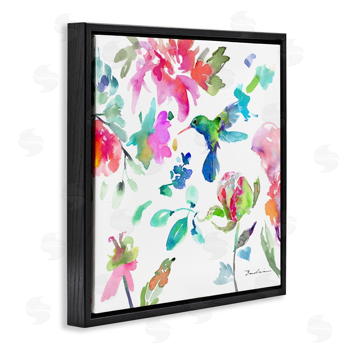 Evelia Designs Hummingbird Vivid Tree Blossoms Black Floating Frame Canvas Wall Art Print