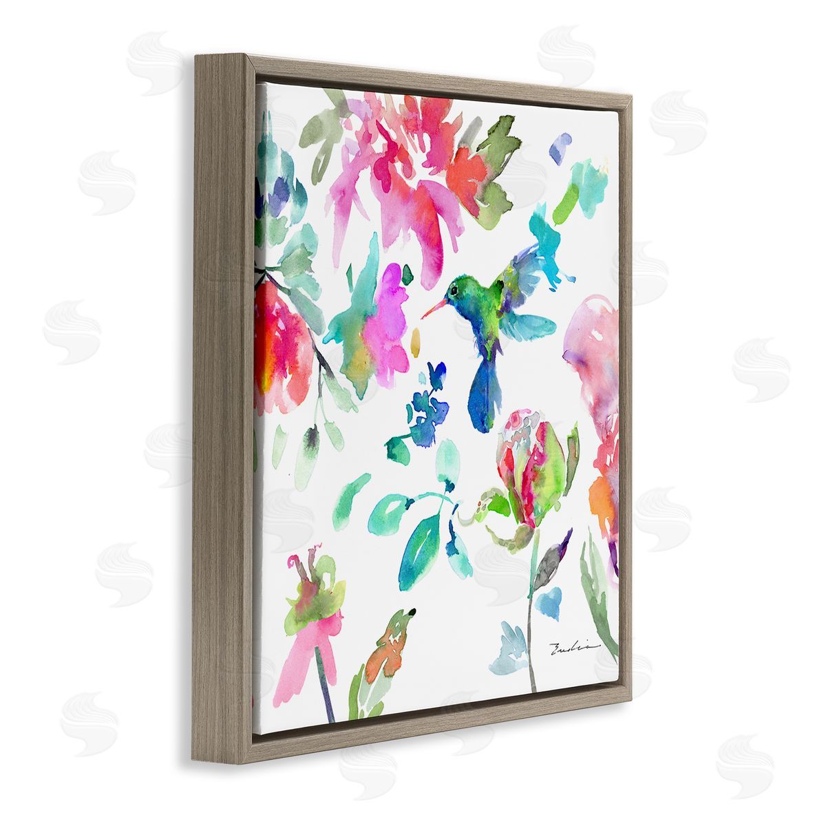 Evelia Designs Hummingbird Vivid Tree Blossoms Brown Floating Frame Canvas Wall Art Print