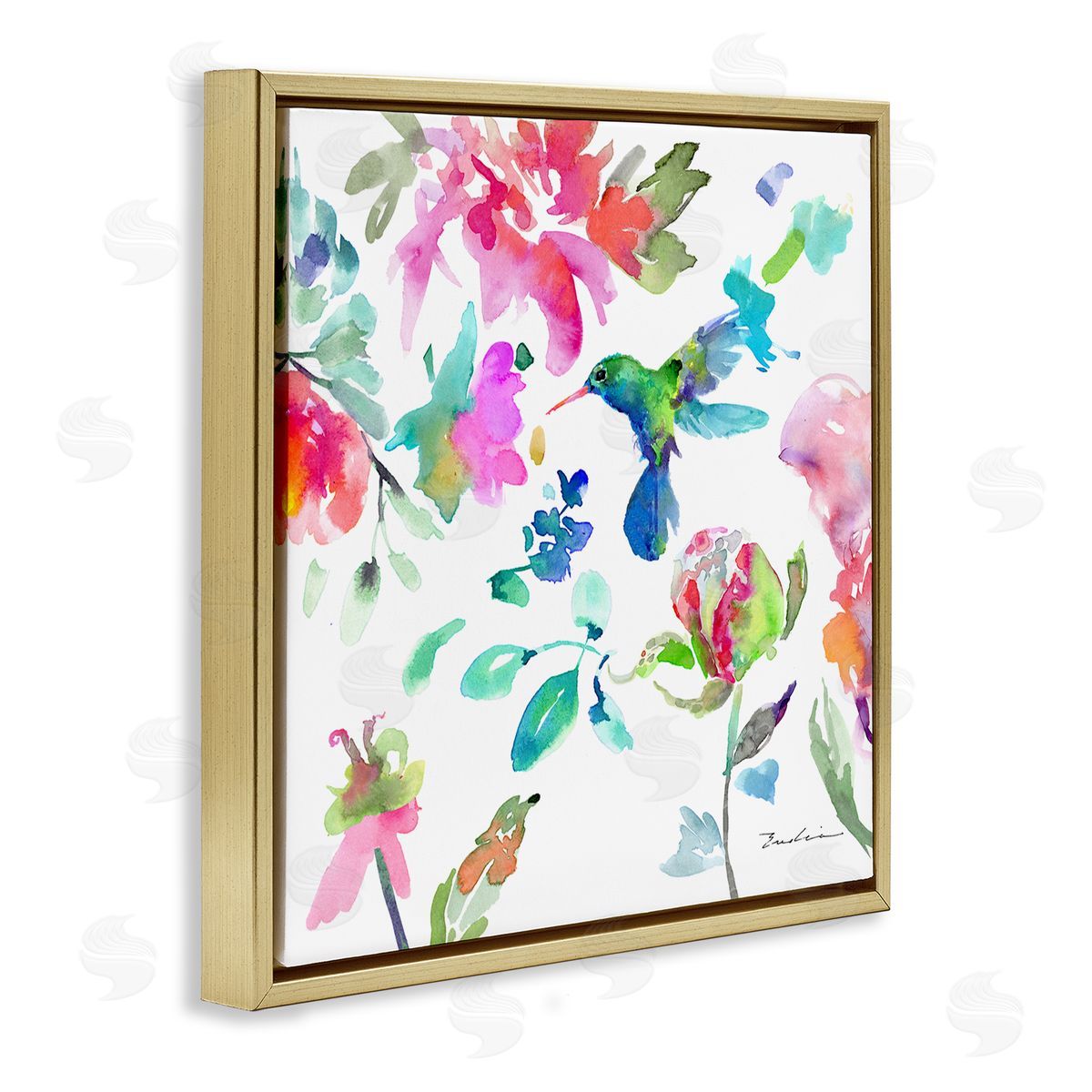Evelia Designs Hummingbird Vivid Tree Blossoms Gold Floating Frame Canvas Wall Art Print