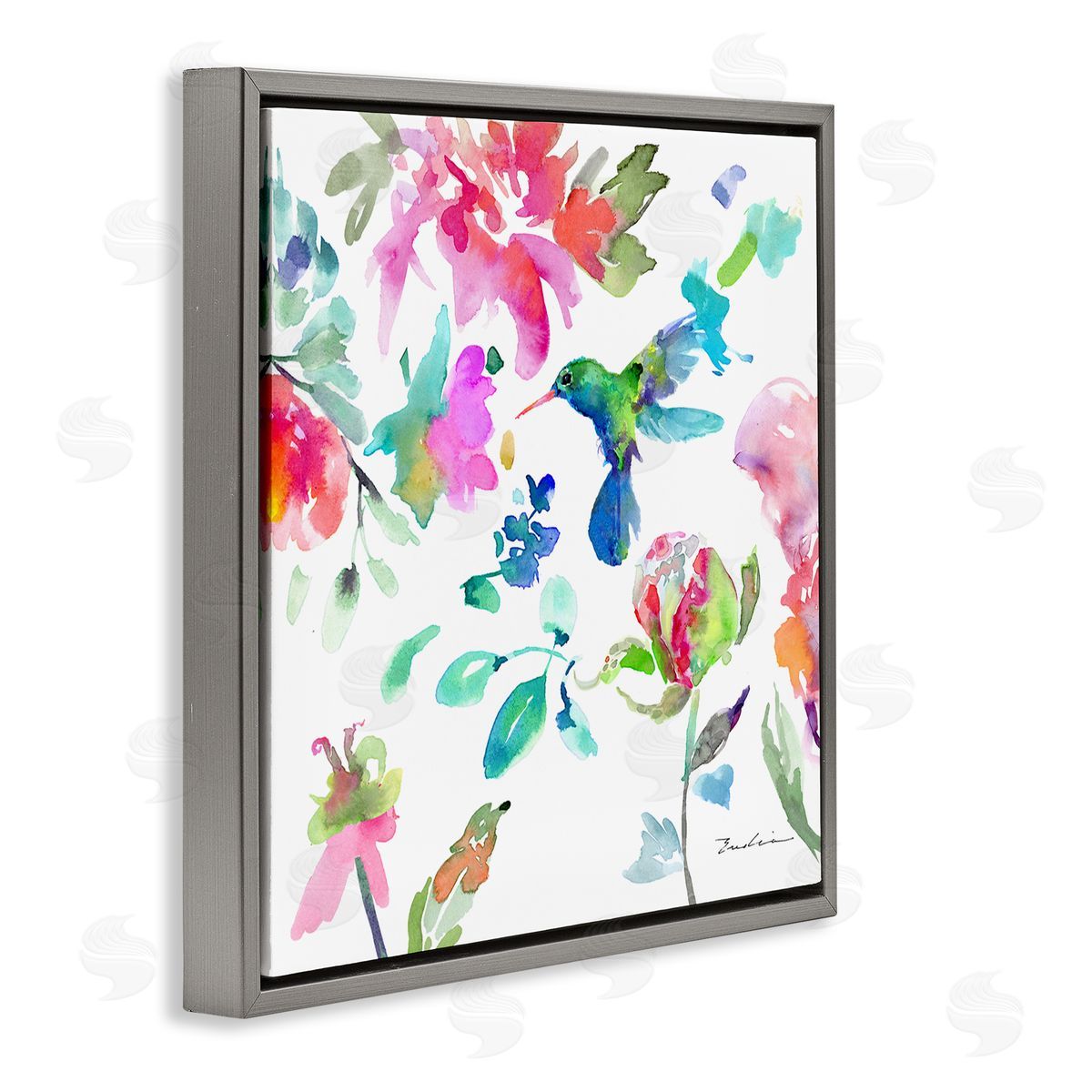 Evelia Designs Hummingbird Vivid Tree Blossoms Gray Floating Frame Canvas Wall Art Print