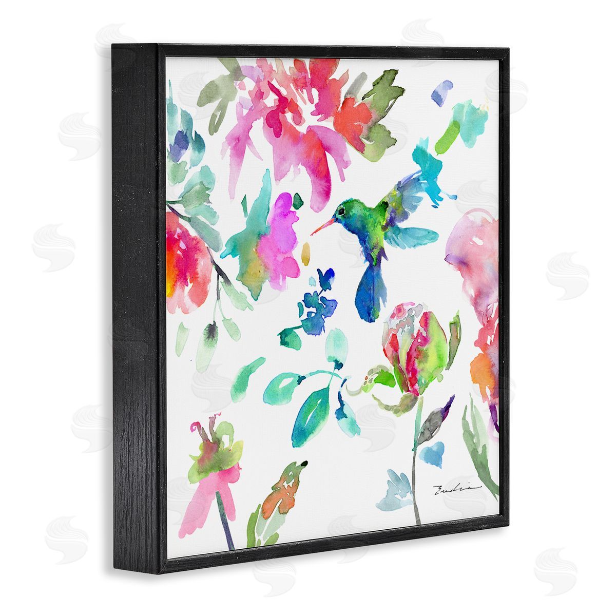 Evelia Designs Hummingbird Vivid Tree Blossoms Black Framed Glicee Wall Art Print