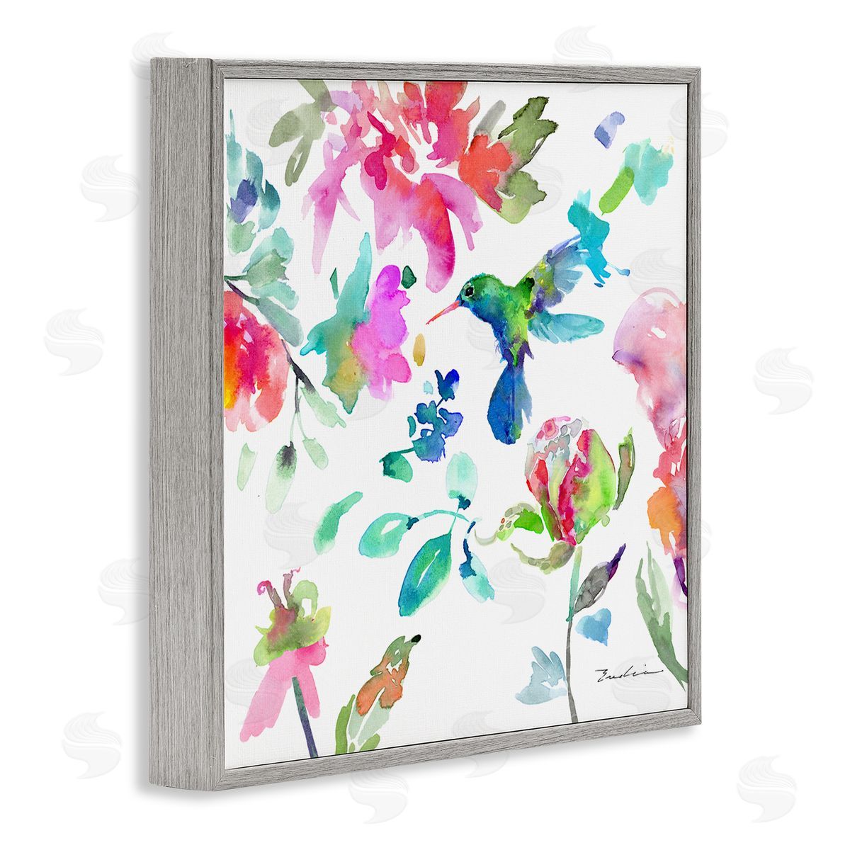 Evelia Designs Hummingbird Vivid Tree Blossoms Gray Framed Glicee Wall Art Print