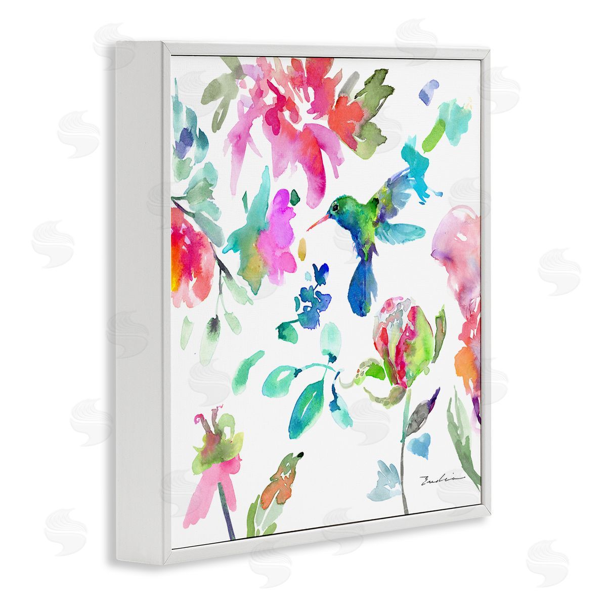 Evelia Designs Hummingbird Vivid Tree Blossoms White Framed Glicee Wall Art Print
