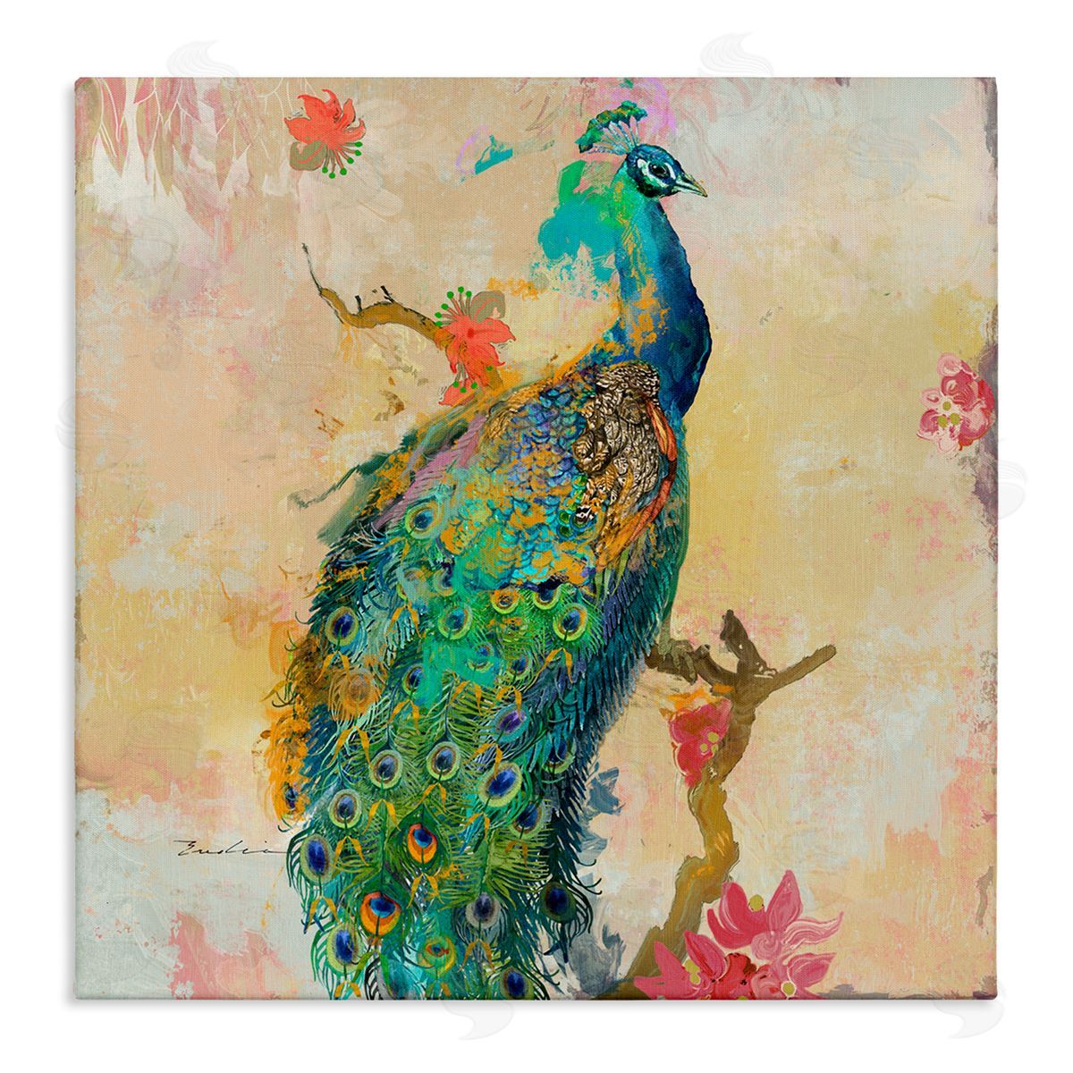 Evelia Designs Modern Peacock Cherry Blossoms Stretched Canvas Wall Art Print