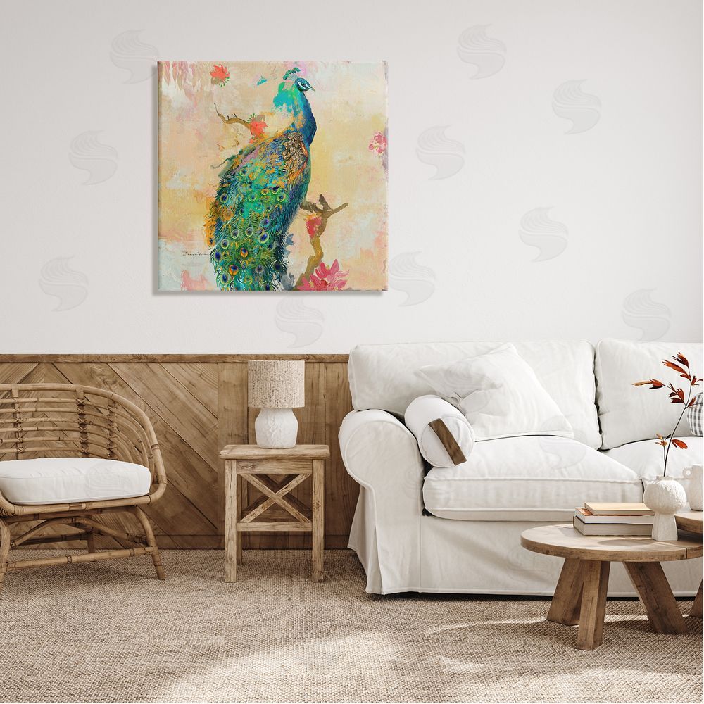 Evelia Designs Modern Peacock Cherry Blossoms Canvas Wall Art in Room