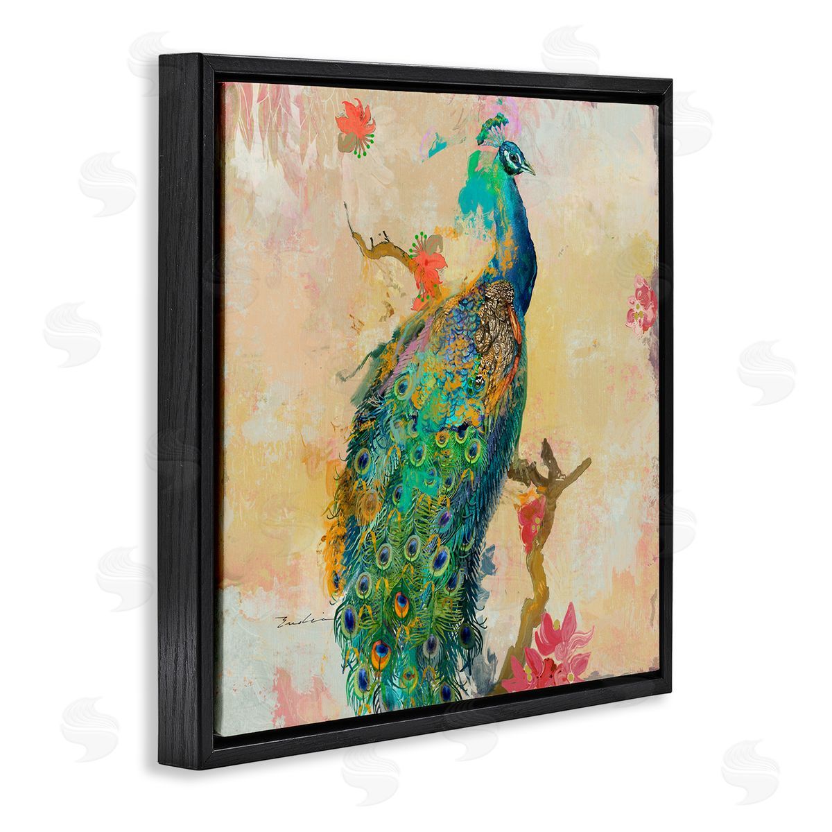 Evelia Designs Modern Peacock Cherry Blossoms Black Floating Frame Canvas Wall Art Print