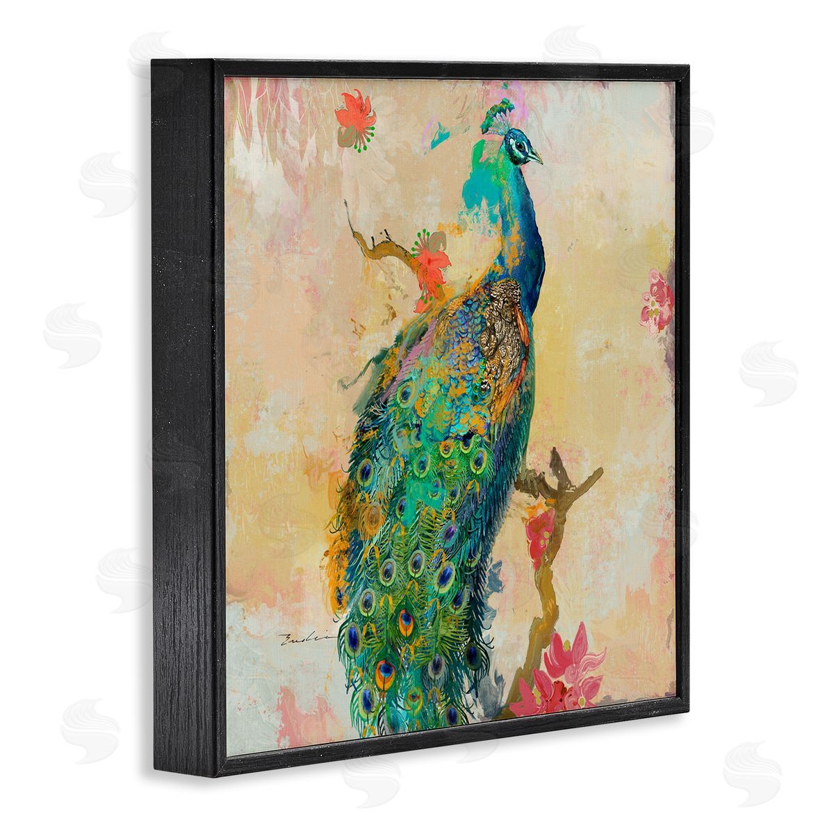 Evelia Designs Modern Peacock Cherry Blossoms Black Framed Glicee Wall Art Print