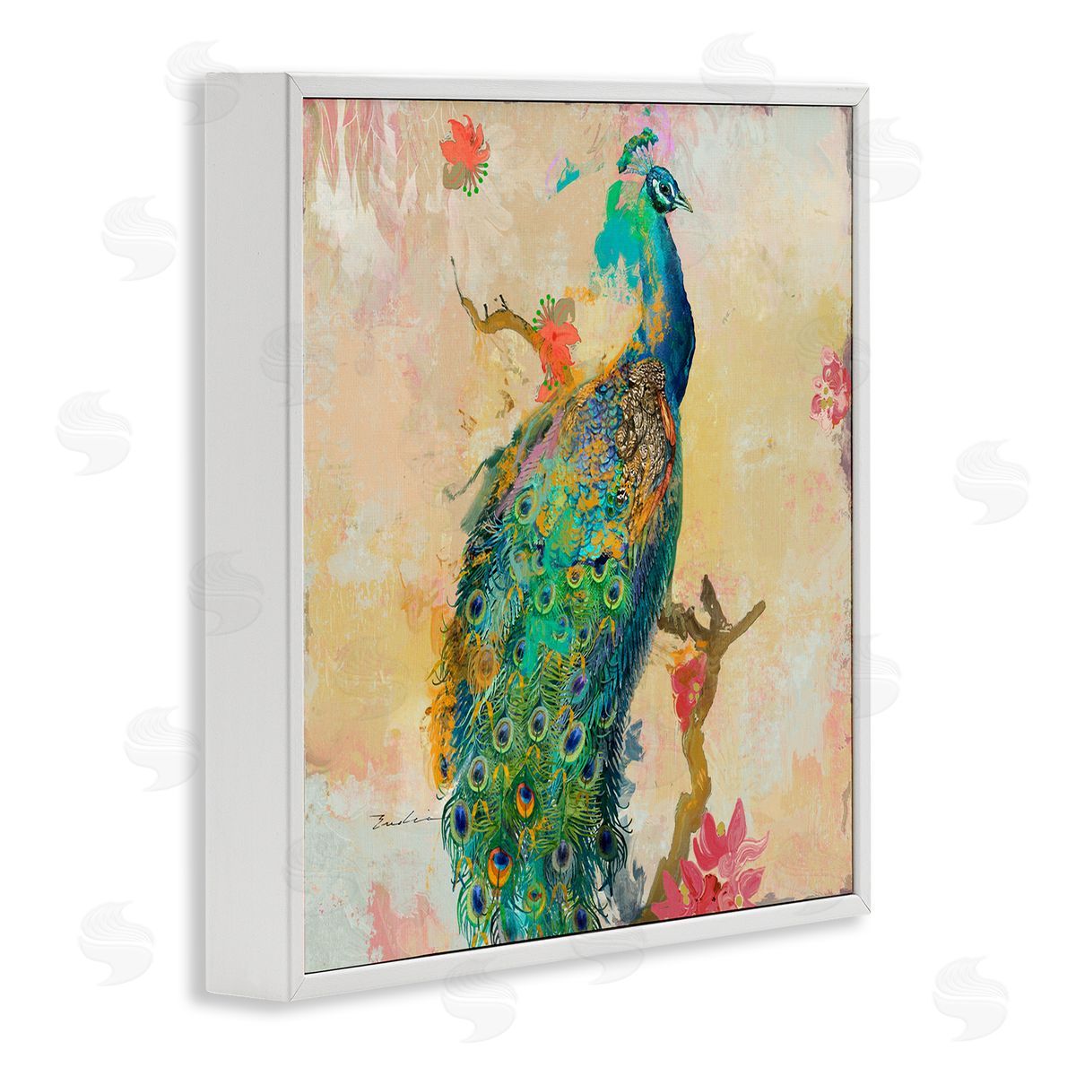 Evelia Designs Modern Peacock Cherry Blossoms White Framed Glicee Wall Art Print