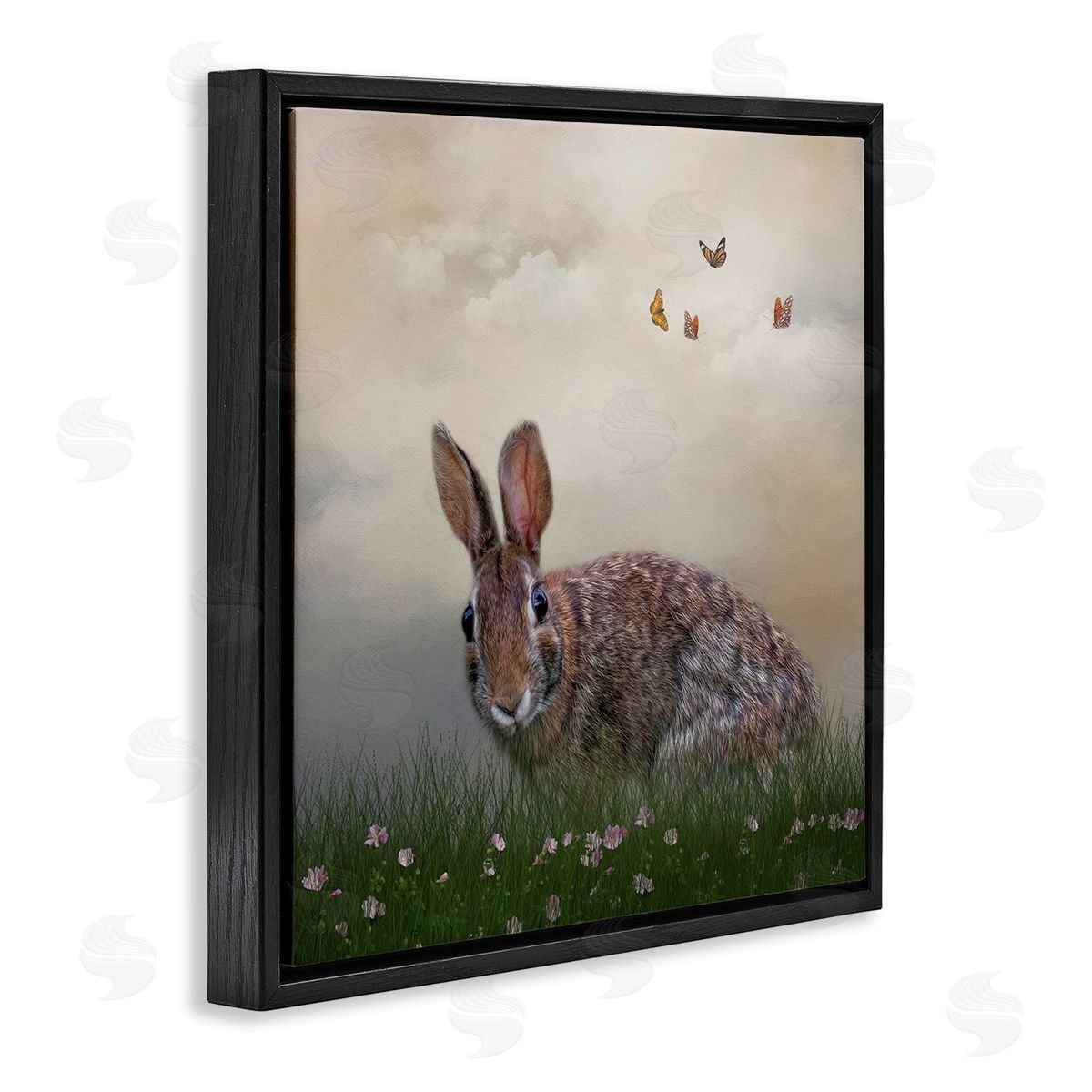 Kelley Parker Spring Rabbit Meadow Butterflies Black Floating Frame Canvas Wall Art Print