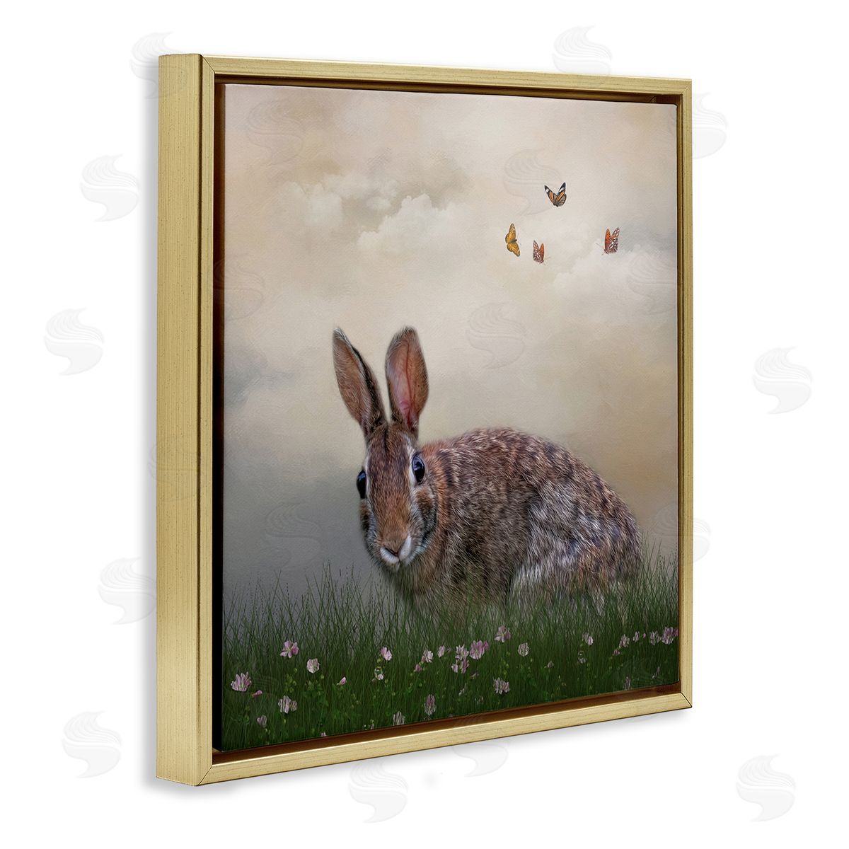 Kelley Parker Spring Rabbit Meadow Butterflies Gold Floating Frame Canvas Wall Art Print