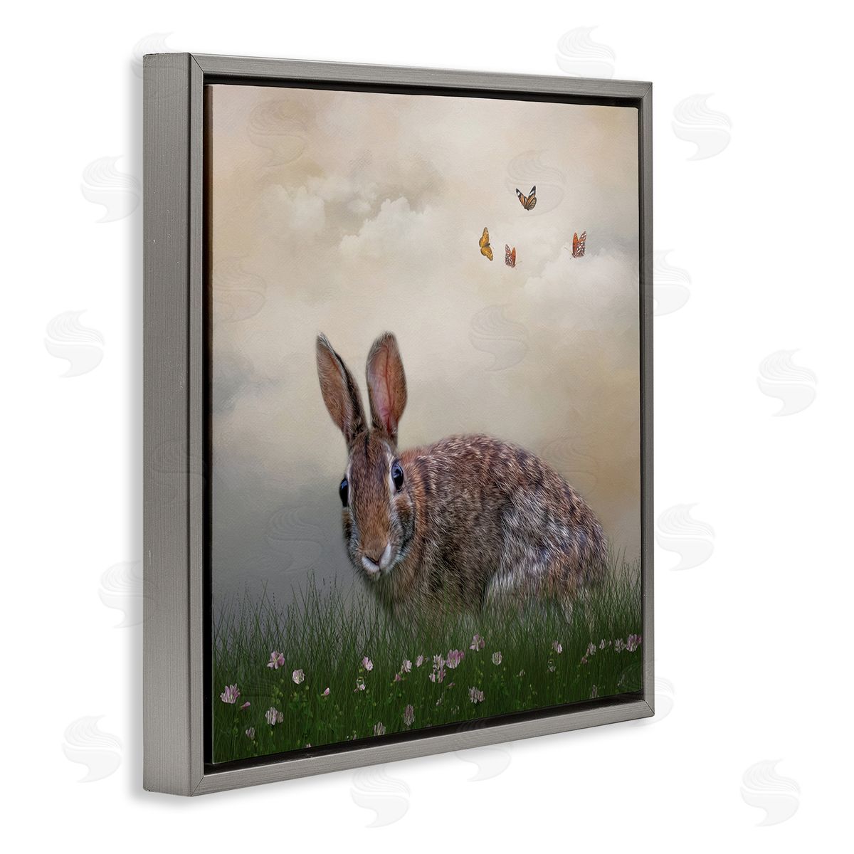 Kelley Parker Spring Rabbit Meadow Butterflies Gray Floating Frame Canvas Wall Art Print
